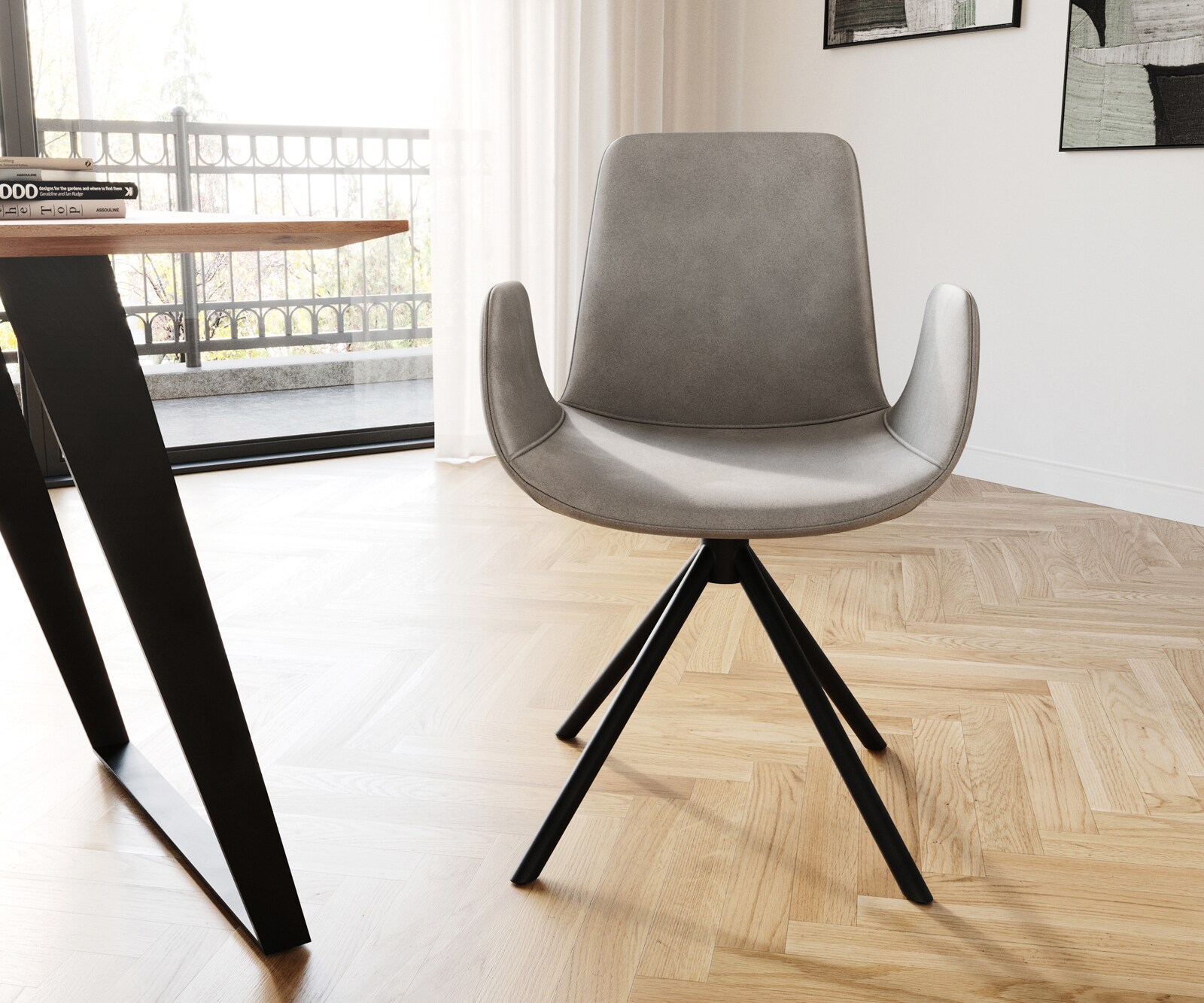 Eetkamerstoel Ilia-Flex met armleuning fluweel grijs kruisframe conisch zwart 1 Eetkamerstoel Ilia-Flex met armleuning fluweel grijs kruisframe conisch zwart 1