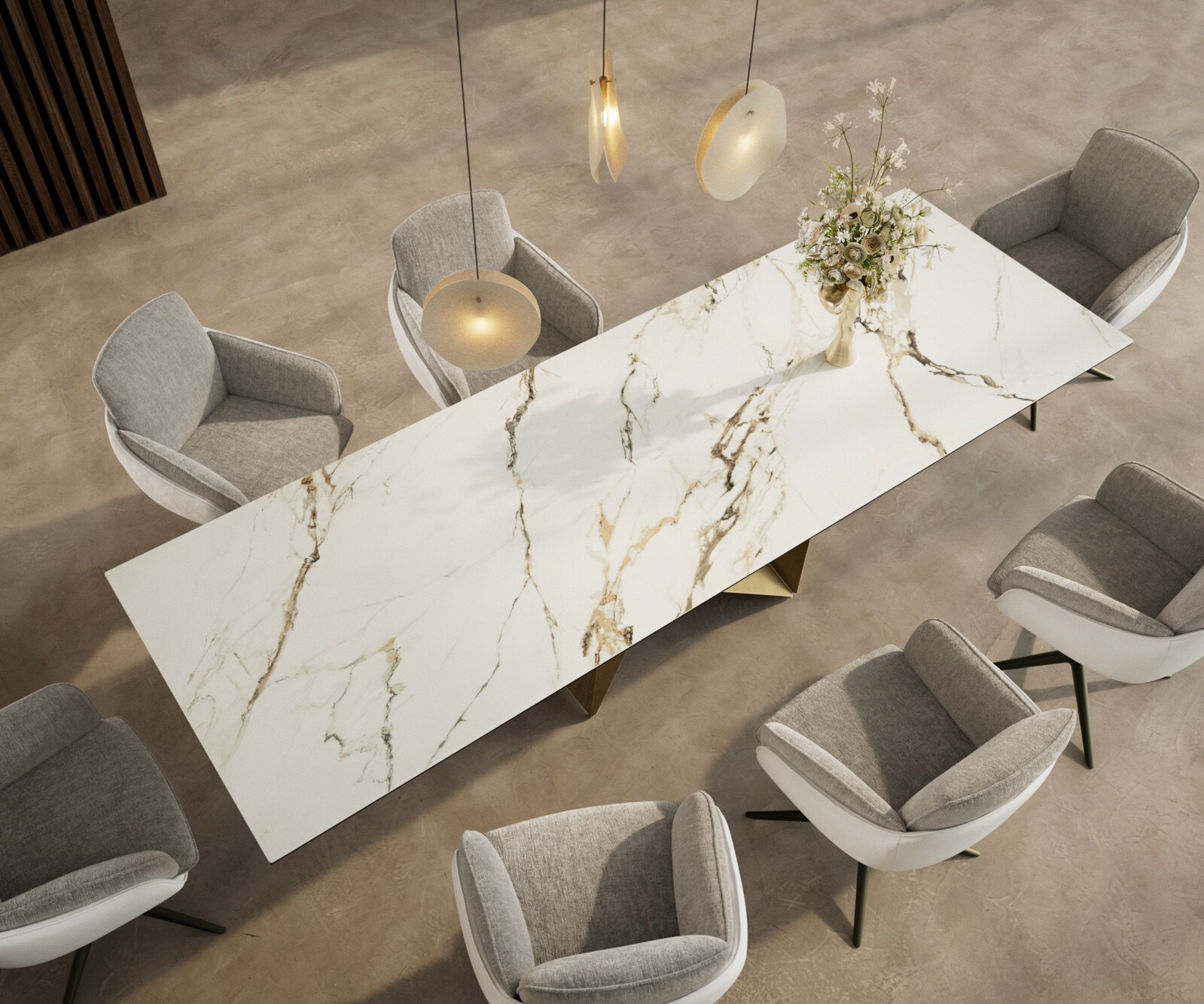 Eettafel Edge 300x100 keramiek  Calacatta Luxe wit-goud-grijs Origami metaal goud 3