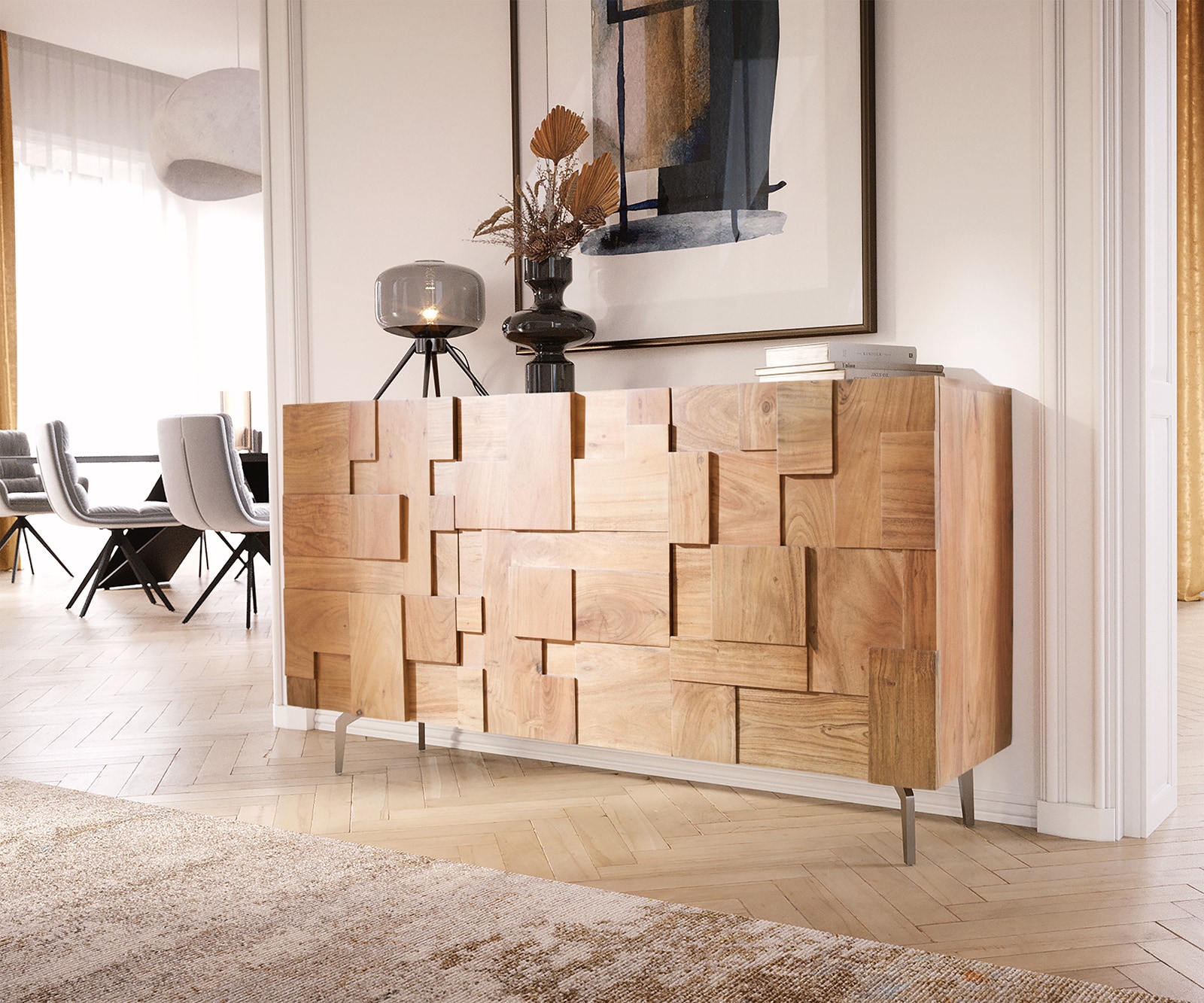 Dressoir Puzzle 145 cm natuur acacia hoekig onderstel roestvrij staal Dressoir Puzzle 145 cm natuur acacia hoekig onderstel roestvrij staal