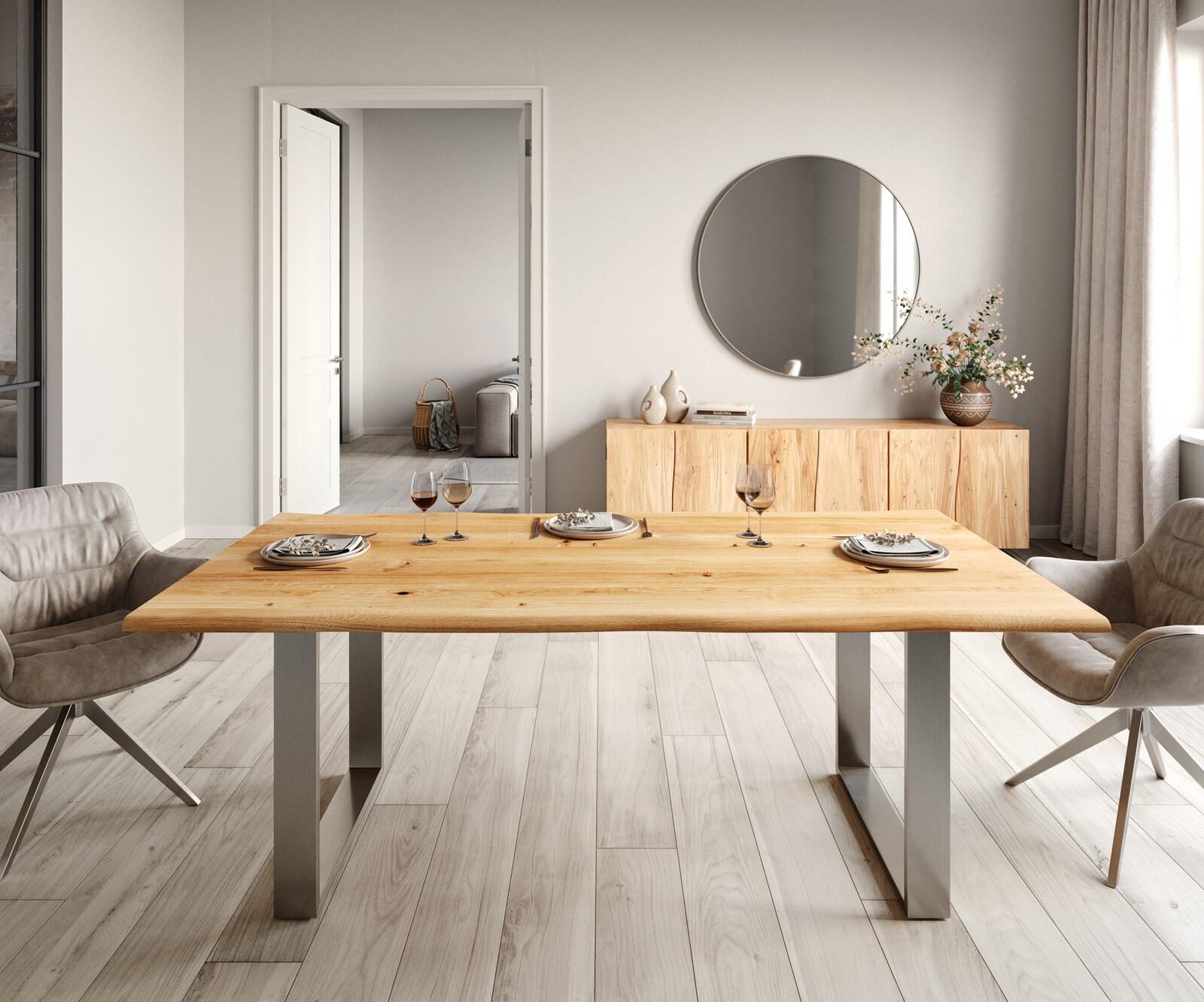 Eettafel Edge 200x100x2,5-3 eiken natuur roestvrijstaal smal Live-Edge 2