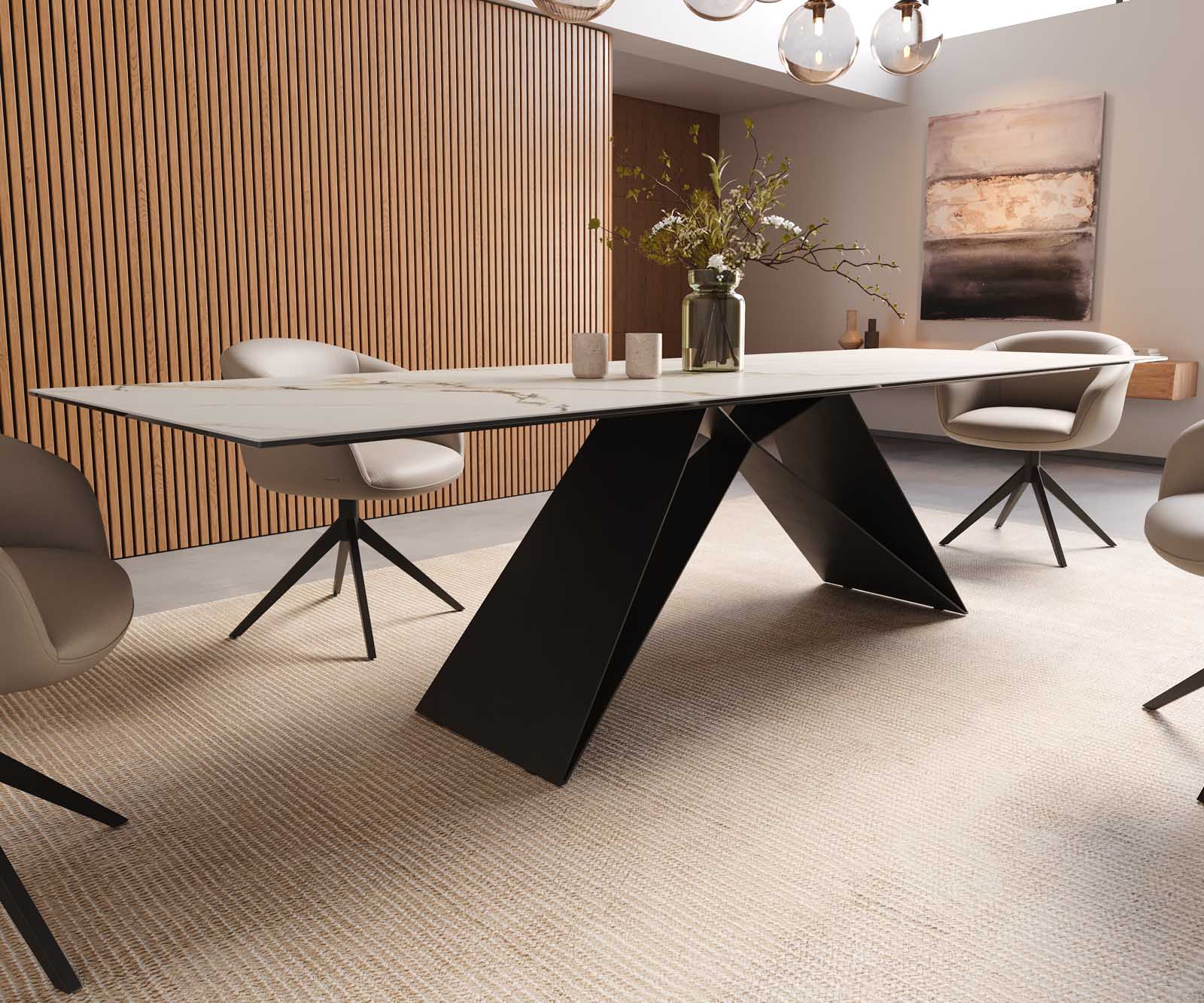 Eetkamertafel Edge 300x100 keramiek Calacatta Luxe wit-goud-grijs V-frame vlak staal zwart 7