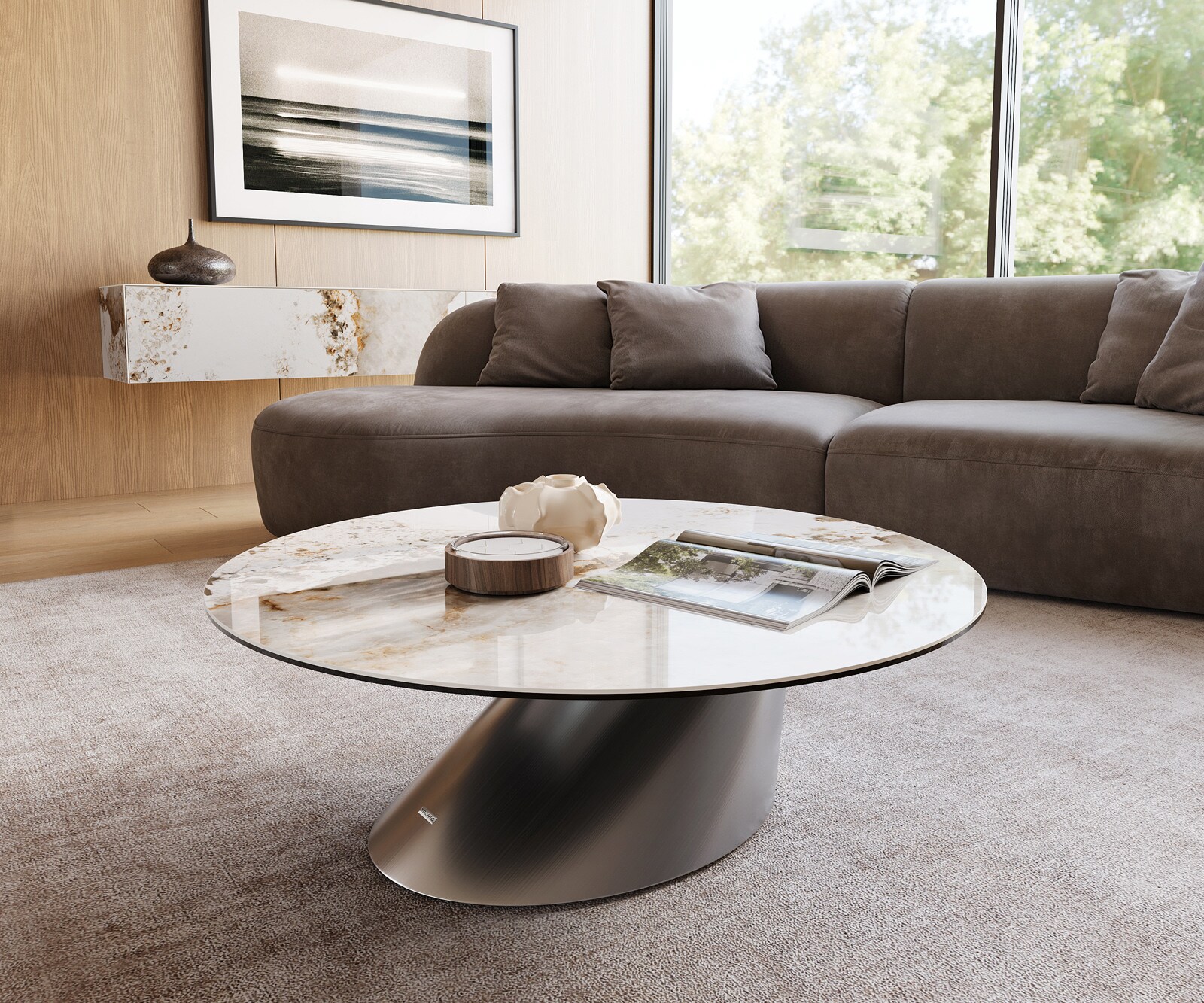 Salontafel Edge rond 100x100 cm keramiek Minas Melange Conis geborsteld roestvrij staal 1