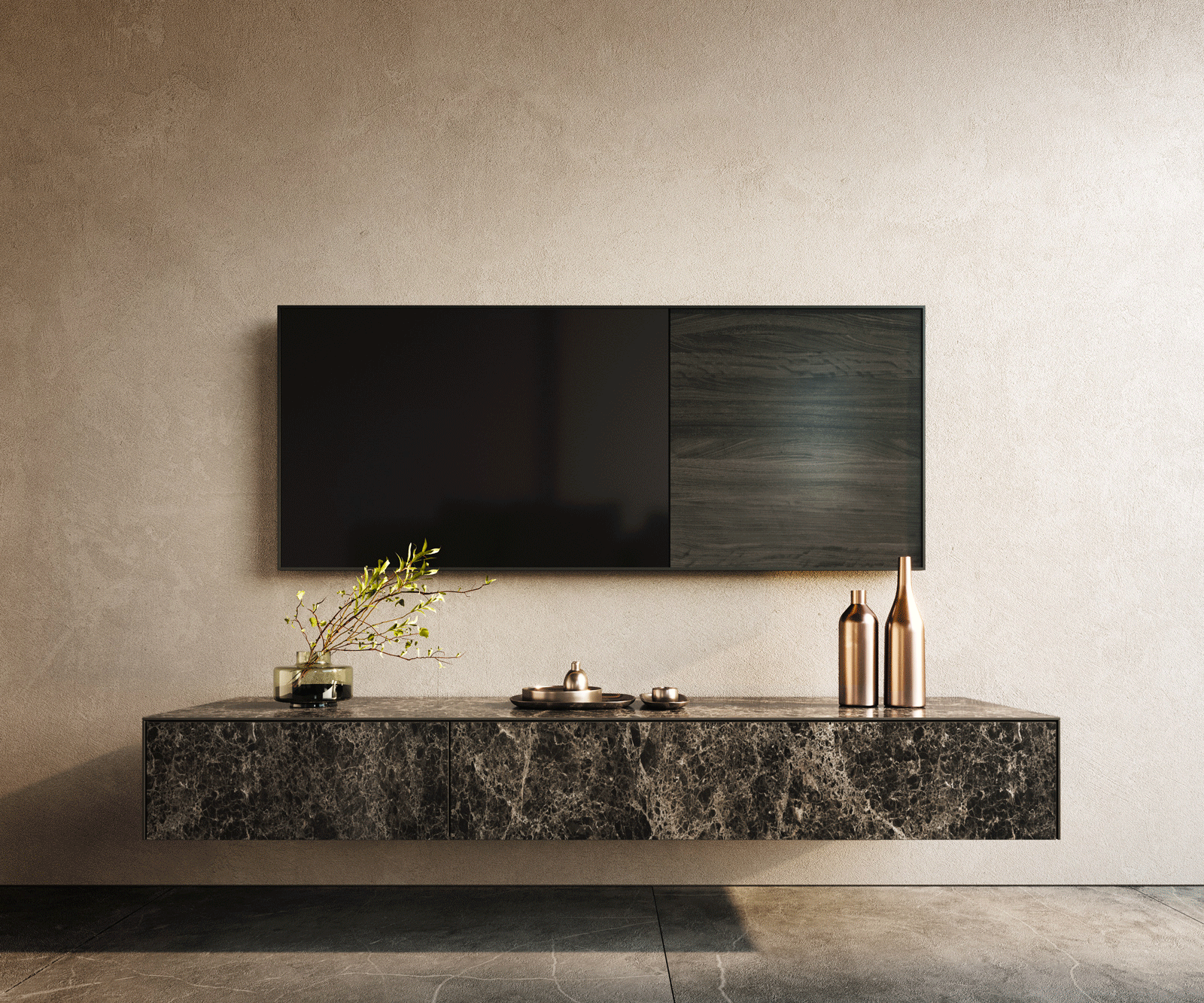 Tv-meubel Cuor 150 cm Keramiek Laminam® Emperador Extra Lucidato Donkerbruin 1 Flap 1 Lade Zwevend 1