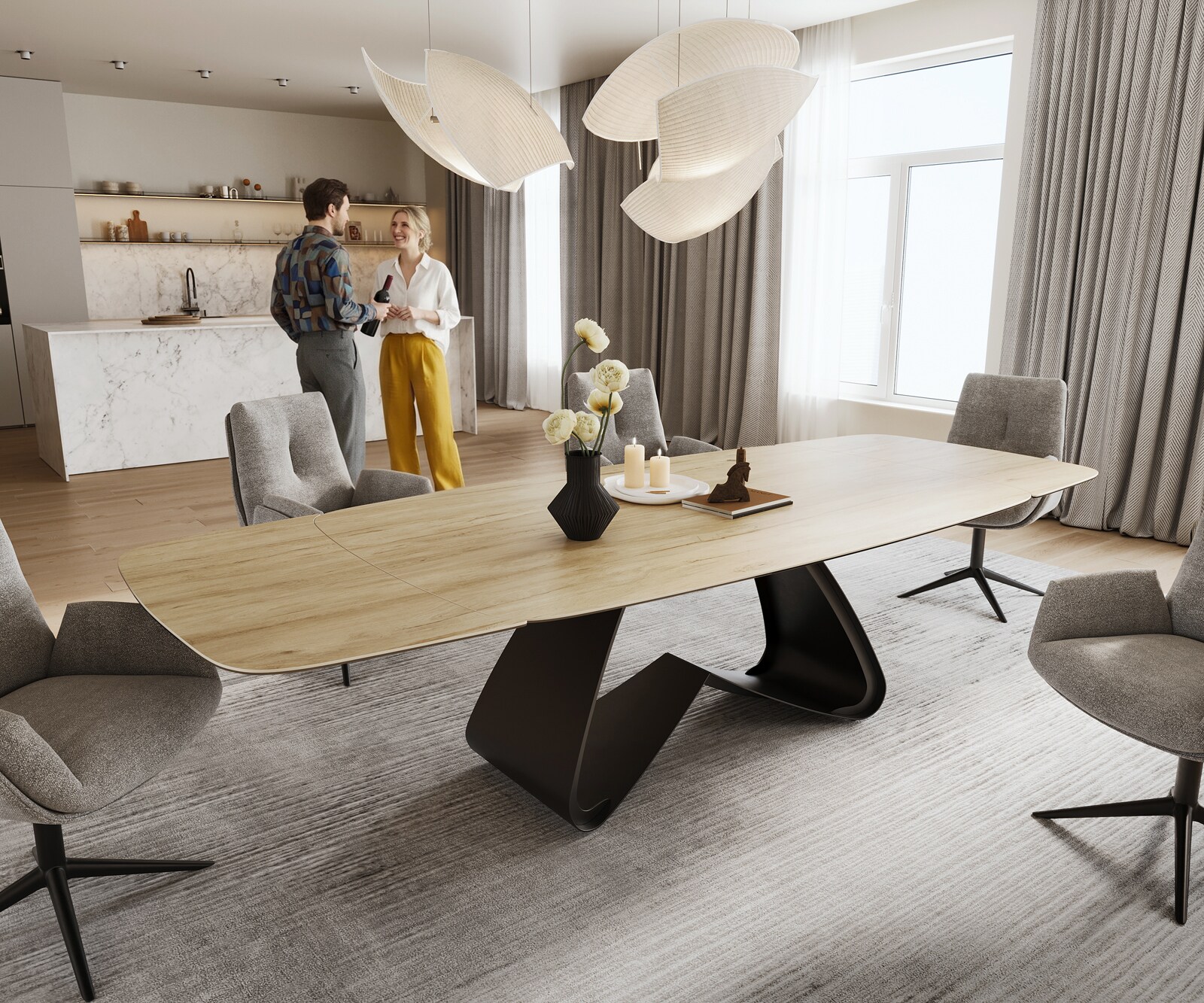 Eettafel Edge Boot 200-300x120 cm Keramiek Laminam® Sabbia Eichefarbig W-onderstel Zwart uitschuifbaar 1