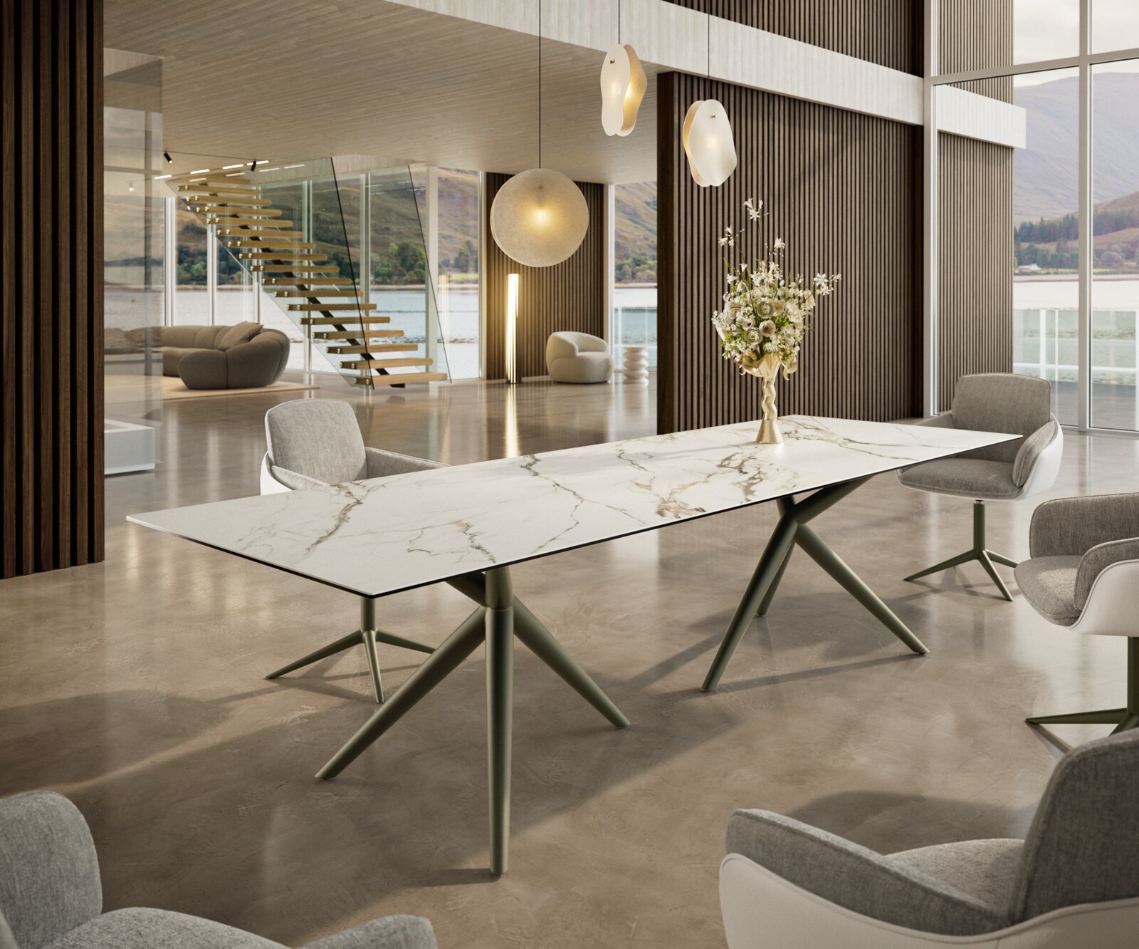 Eetkamertafel Edge 300x100 keramiek Calacatta Luxe wit-Gold-grijs Estelar rond  metaal effectafwerking titaan 1