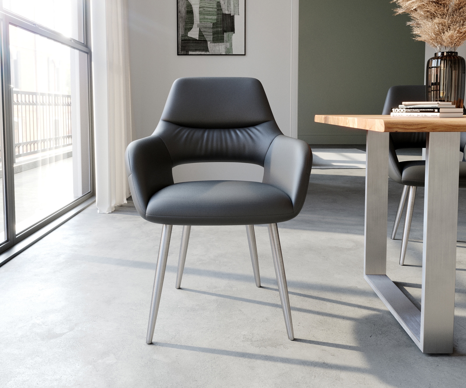 Eetkamerstoel Yago-Flex met armleuning echt leer zwart 4-poot conisch roestvrij staal pocketveer kern 1 Eetkamerstoel Yago-Flex met armleuning echt leer zwart 4-poot conisch roestvrij staal pocketveer kern 1