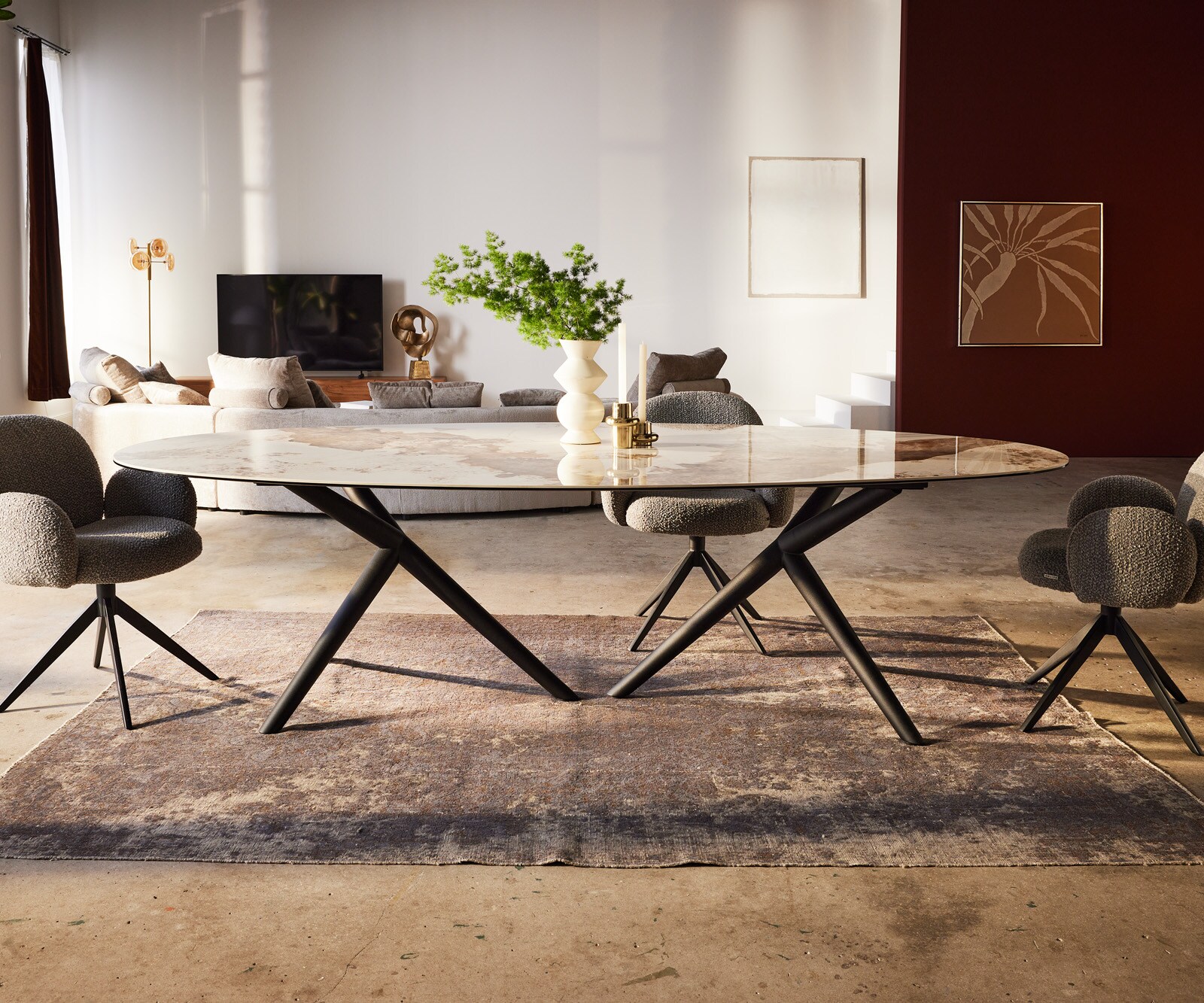 Eettafel Edge Oval 280x130 keramiek Minas Melange wit-beige Estelar rond metaal zwart 1