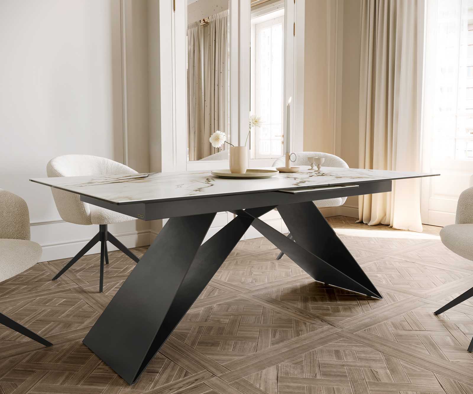 Eetkamertafel Edge 180-220x100 keramiek Calacatta Luxe wit-goud-grijs V-frame vlak staal zwart uitschuifbaar 6