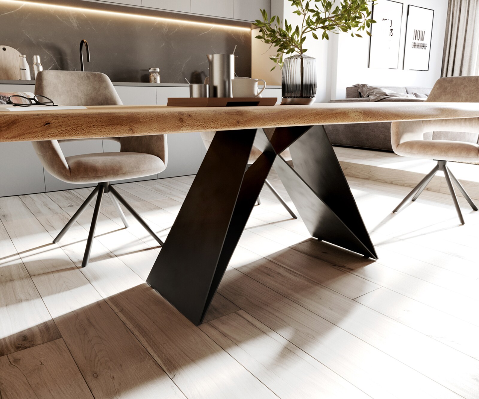 Eettafel Edge 260x100 XL acacia natuur V-frame staal  zwart  Live-Edge 4