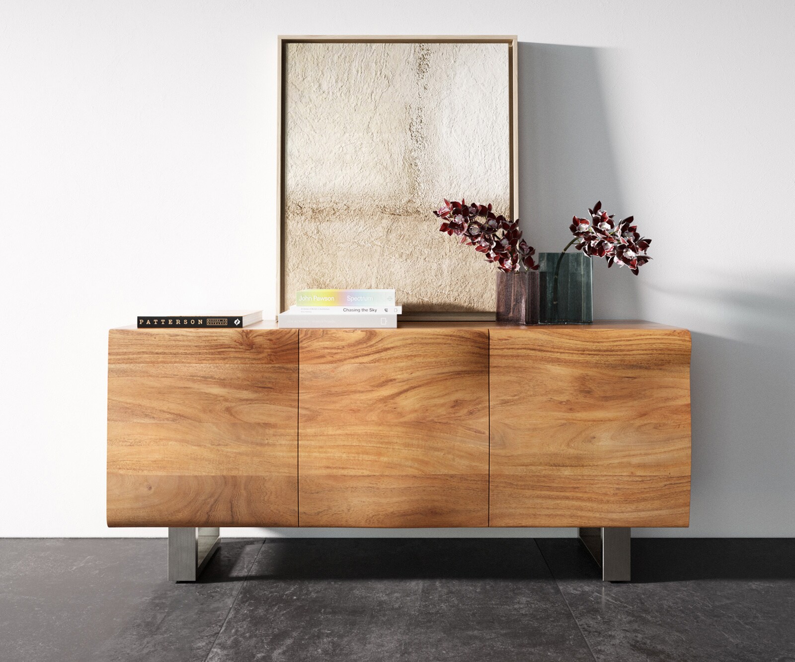 Dressoir New Live-Edge 145 cm acacia natuur 3 deuren sledepoot RVS geborsteld 3