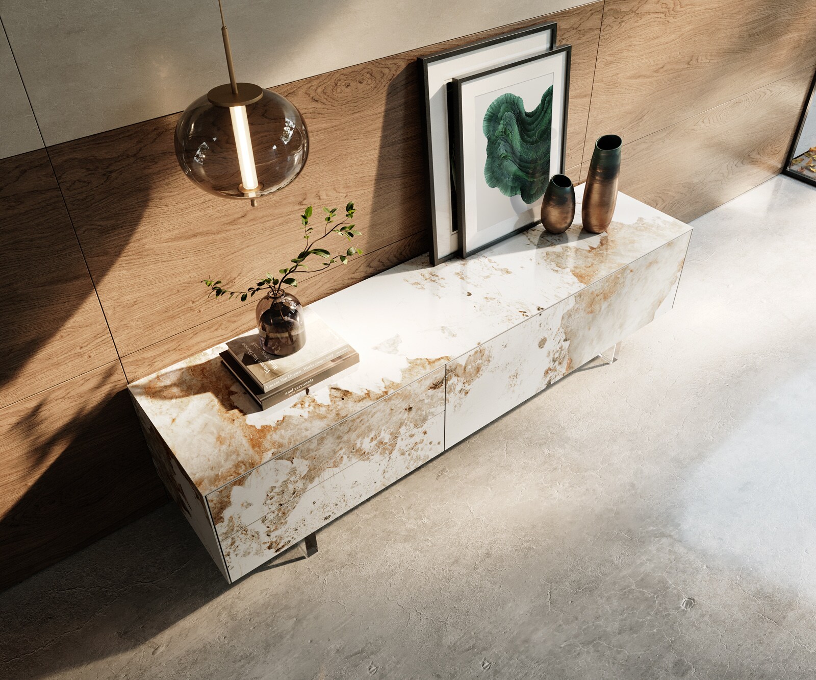Tv-meubel Cuor 180 cm Keramiek Minas Melange Wit-beige 1 Flap 2 Laden Zwevende voet look Acrylglas 3