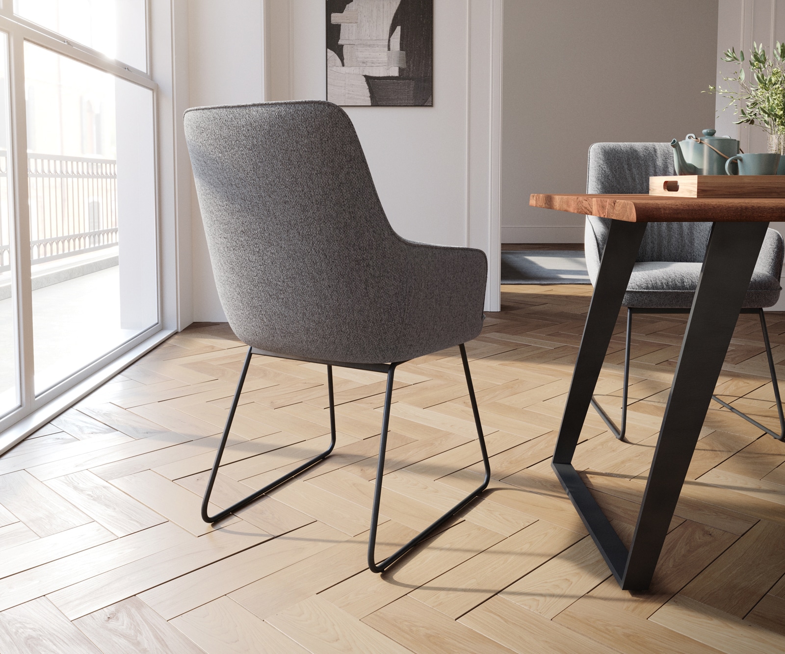 Eetkamerstoel Zelia-Flex met armleuning structuurstof lichtgrijs slipframe zwart pocketveer kern 5