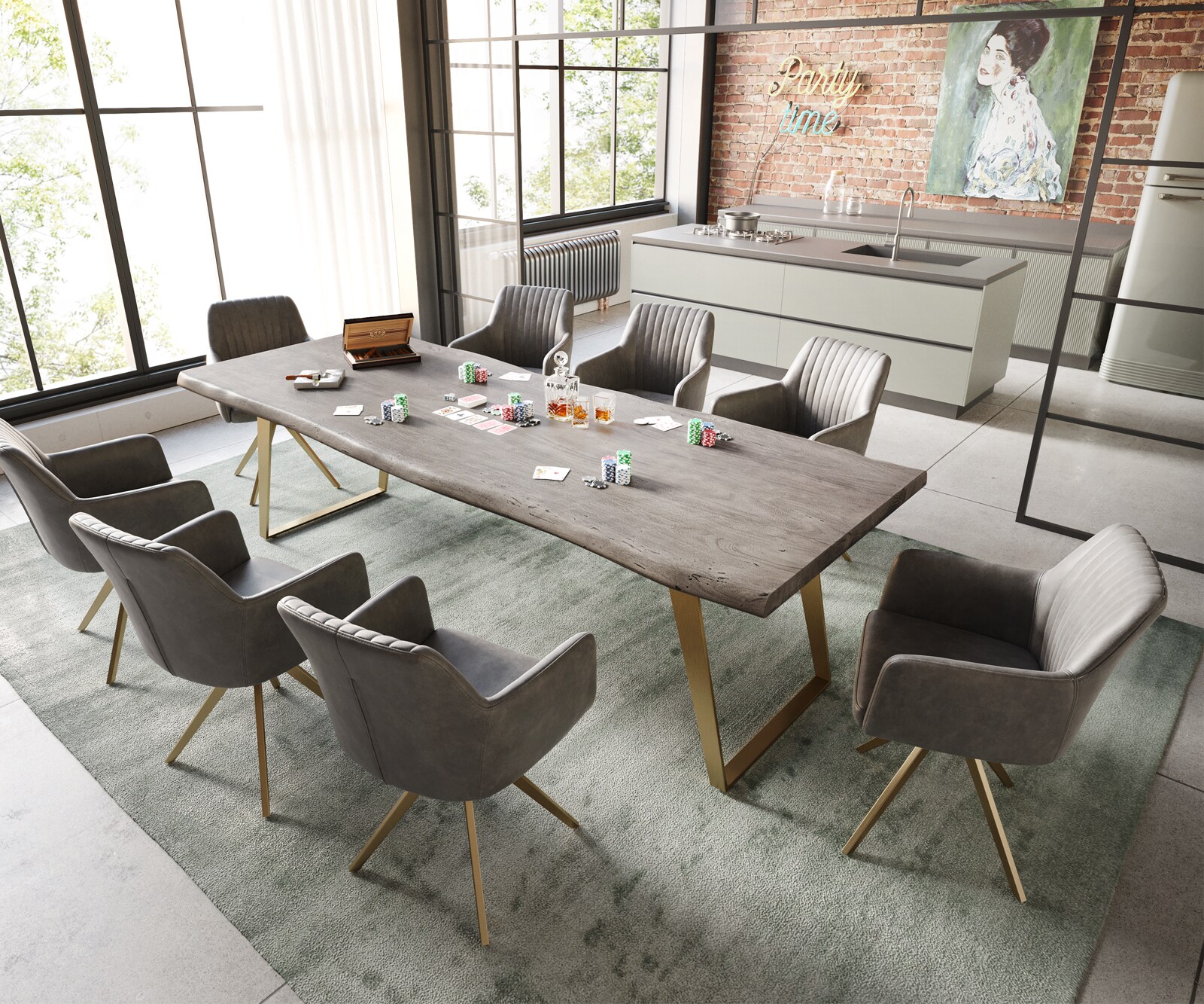 Eettafel Edge 260x100 XL acacia platina  roestvrij staal Gold schuin Live-Edge 5