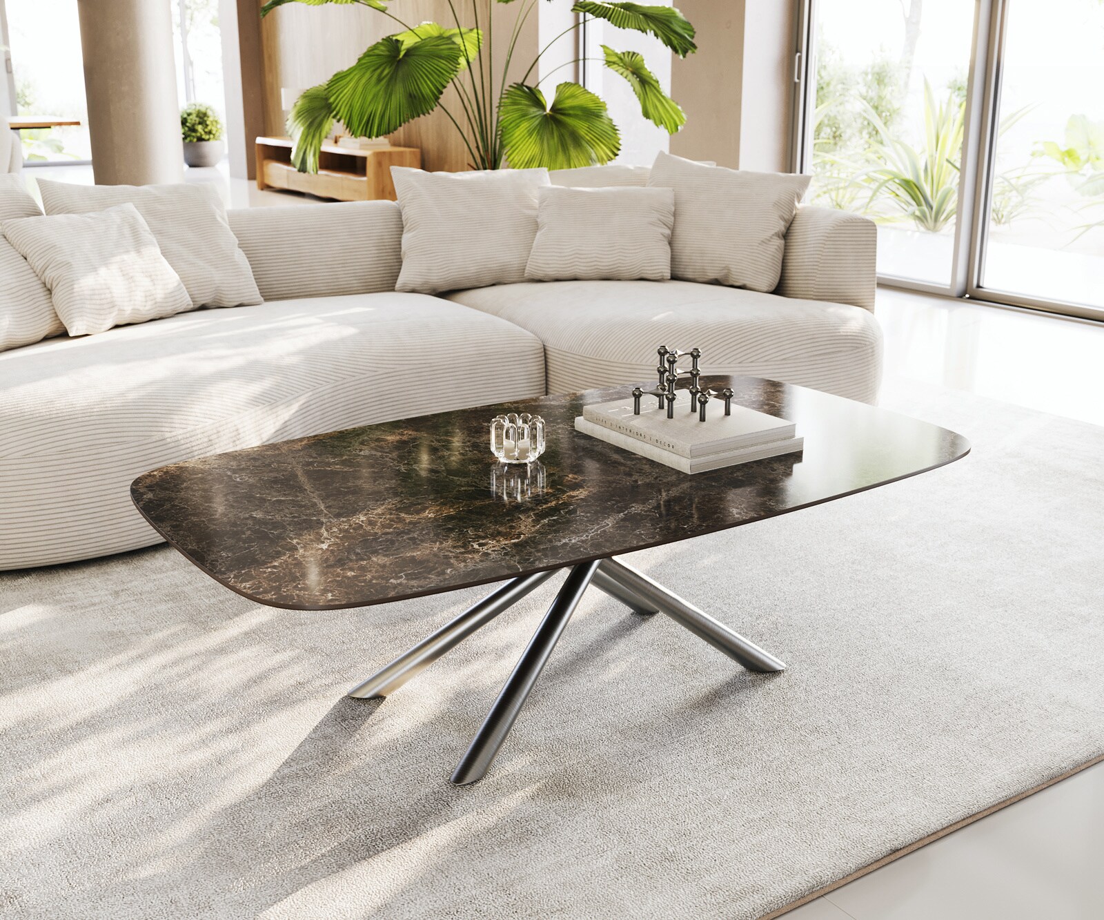 Salontafel Edge Boot 140x80 cm keramiek Laminam® Emperador Extra Lucidato donkerbruin Sarity geborsteld roestvrij staal 1