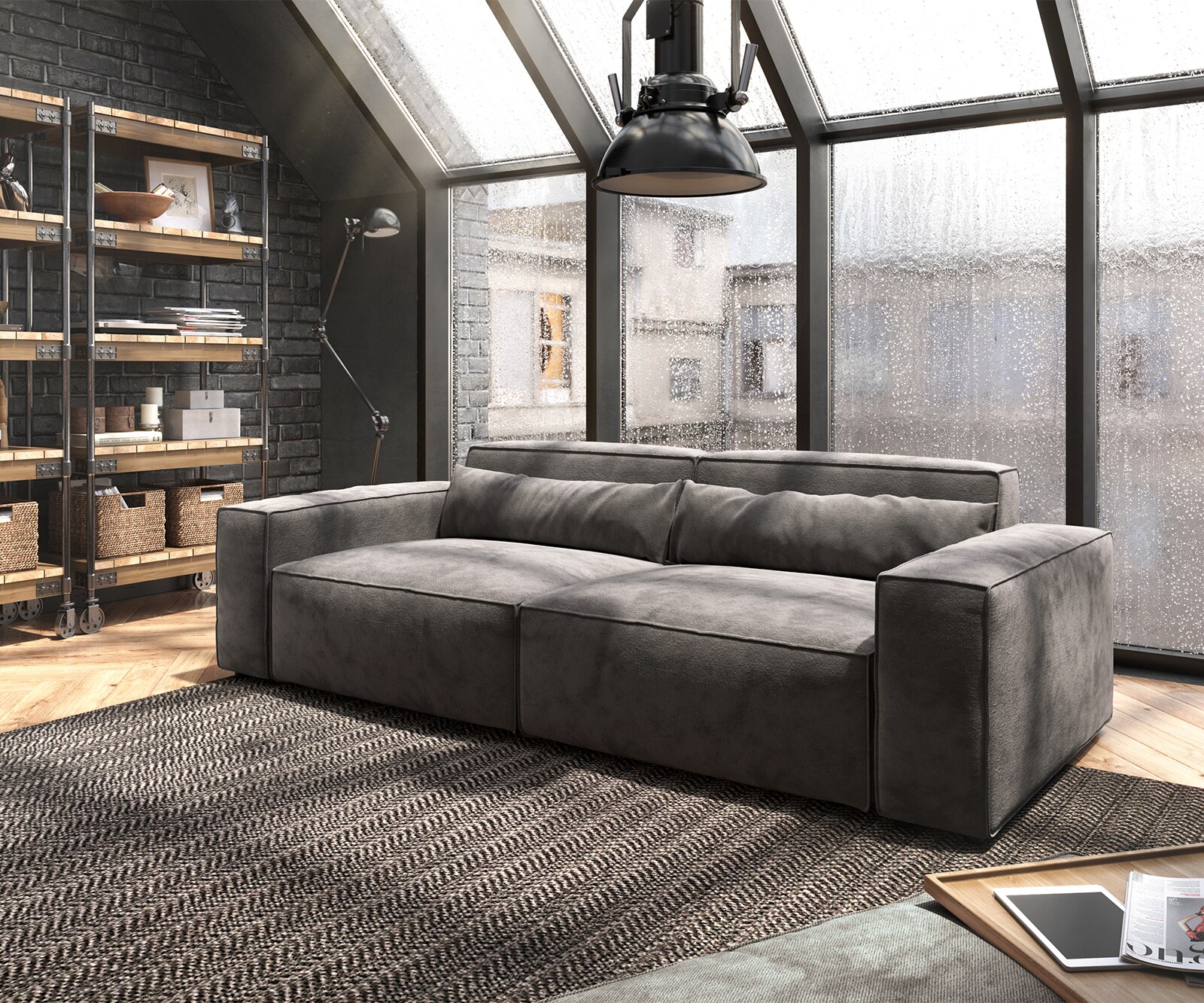 Grote bank Sirpio 230x95 cm microvezel kaki bruin met kruk