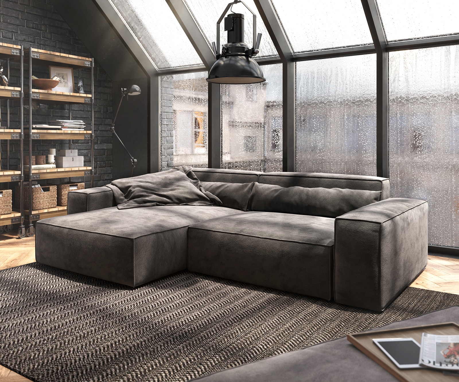 Hoekbank Sirpio XL 270x170 cm microvezel kaki bruin recamiere variabele met kruk Hoekbank Sirpio XL 270x170 cm microvezel kaki bruin recamiere variabele met kruk
