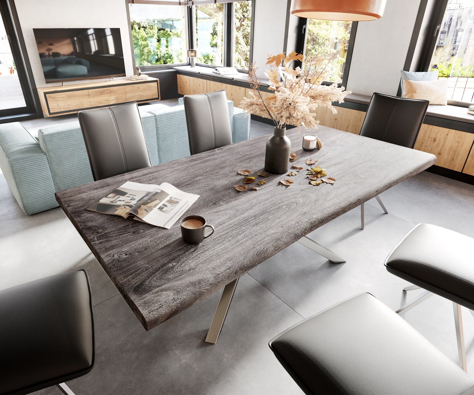 Eettafel Edge 200x100 XL acacia platina Kreuzframe rechthoek edelstaal Live-Edge 3