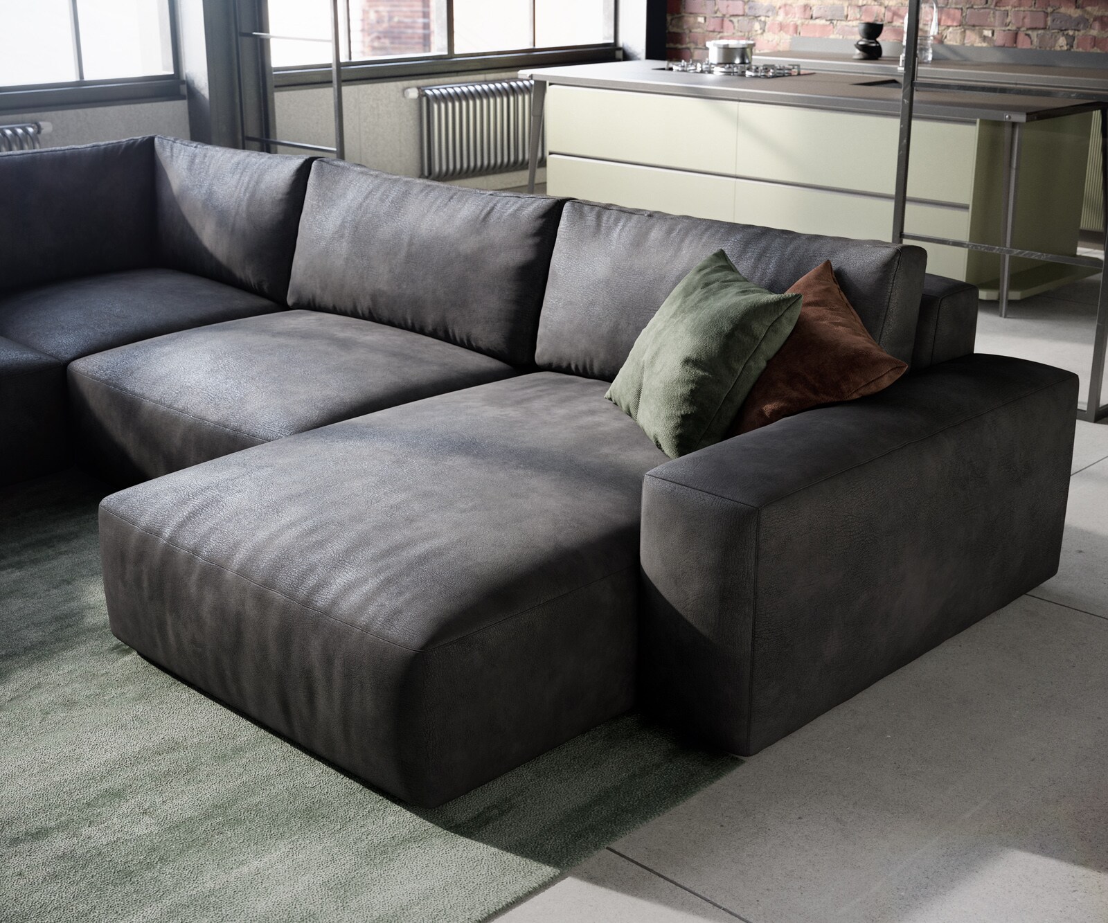 Woonlandschap Lanzo 300x210 cm kunstleer vintage antraciet met variabele recamière en hocker 4