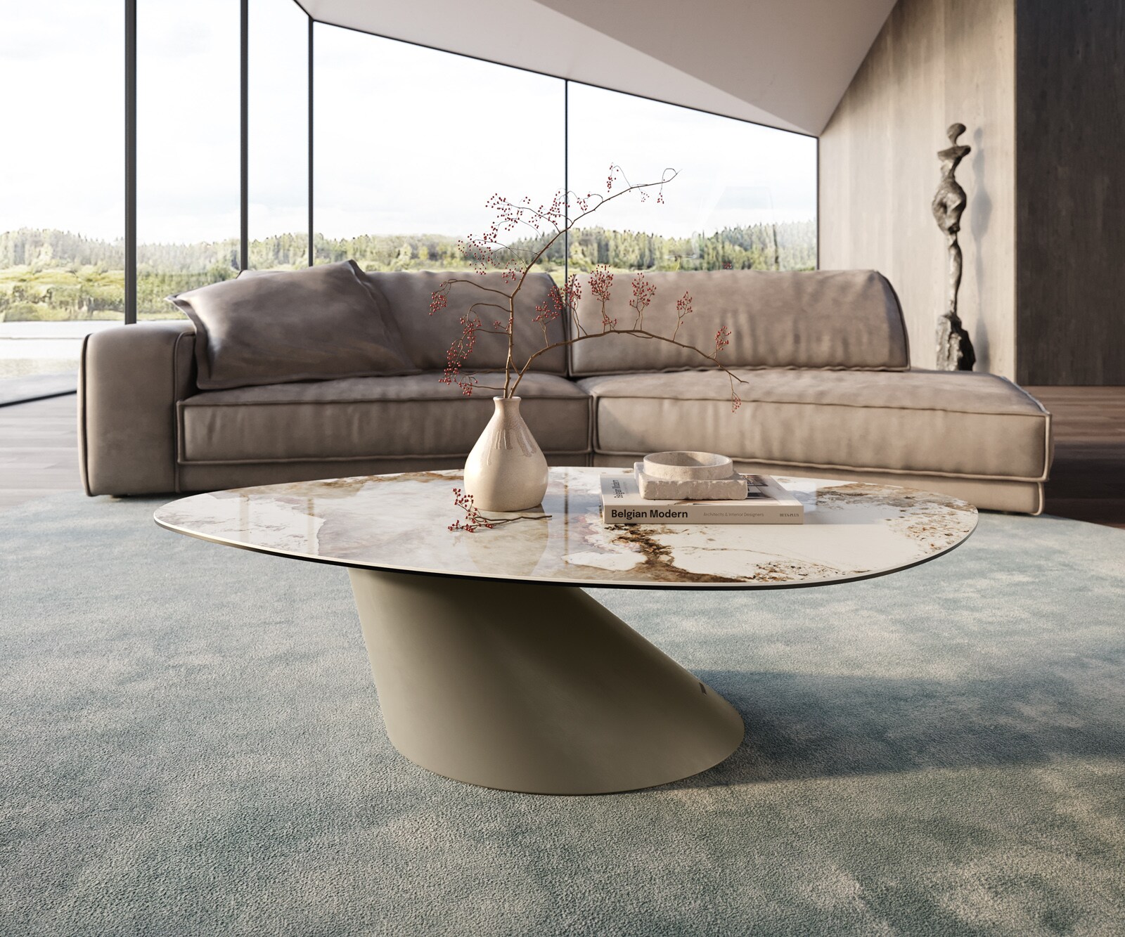 Salontafel Edge Organisch 140x76 cm keramiek Minas Melange Conis Metall effectafwerking titaan