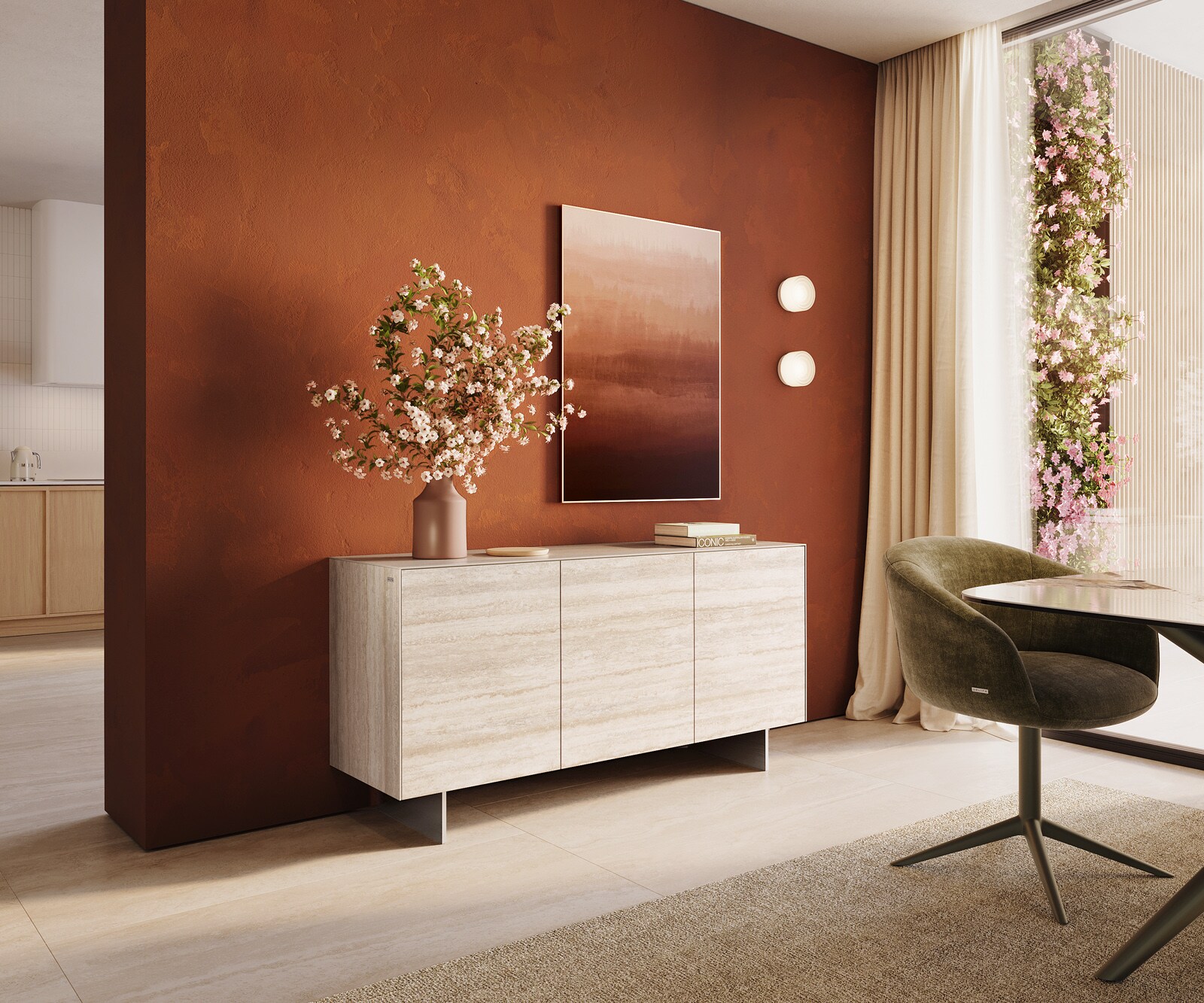 Dressoir Cuor 150 cm Keramiek Laminam® Travertino Bianco Crème-wit 3 Deuren Zwevende voet look Roestvrij staal