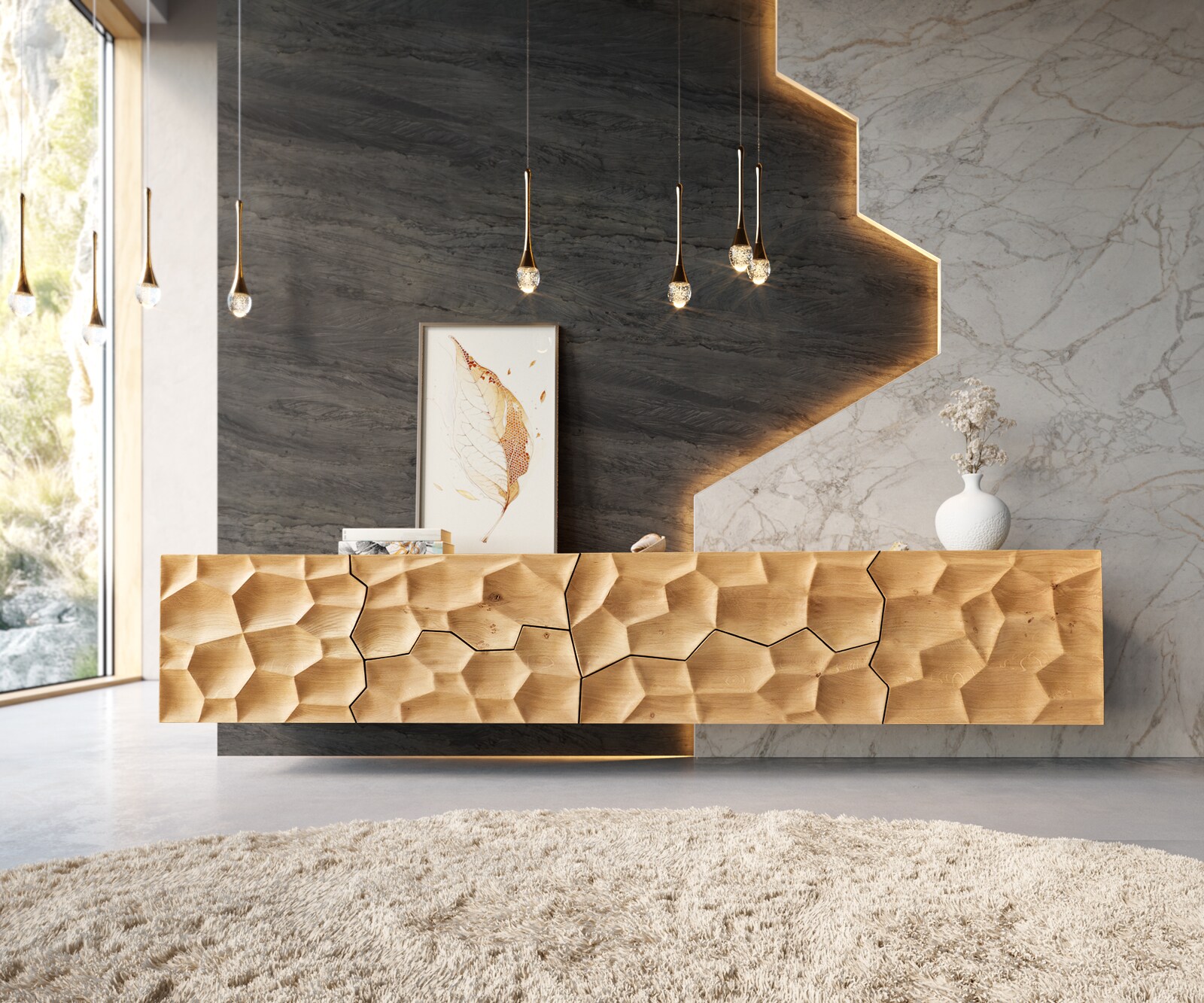 Tv-meubel Solu 220 cm natuur eiken 2 deuren 4  laden zwevend 3D front 1