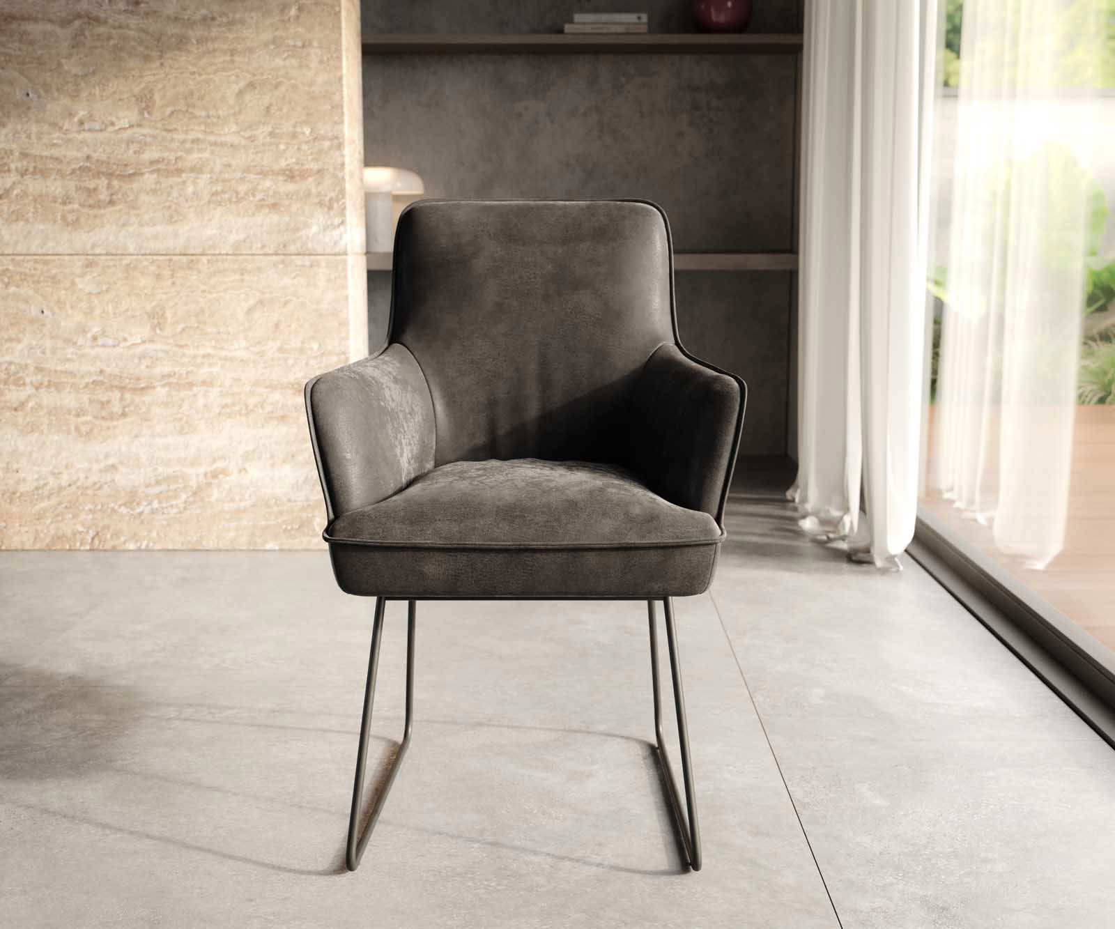 Eetkamerstoel Heira-Flex met armleuning microvelours antraciet vintage slipframe zwart pocketveer kern 1 Eetkamerstoel Heira-Flex met armleuning microvelours antraciet vintage slipframe zwart pocketveer kern 1