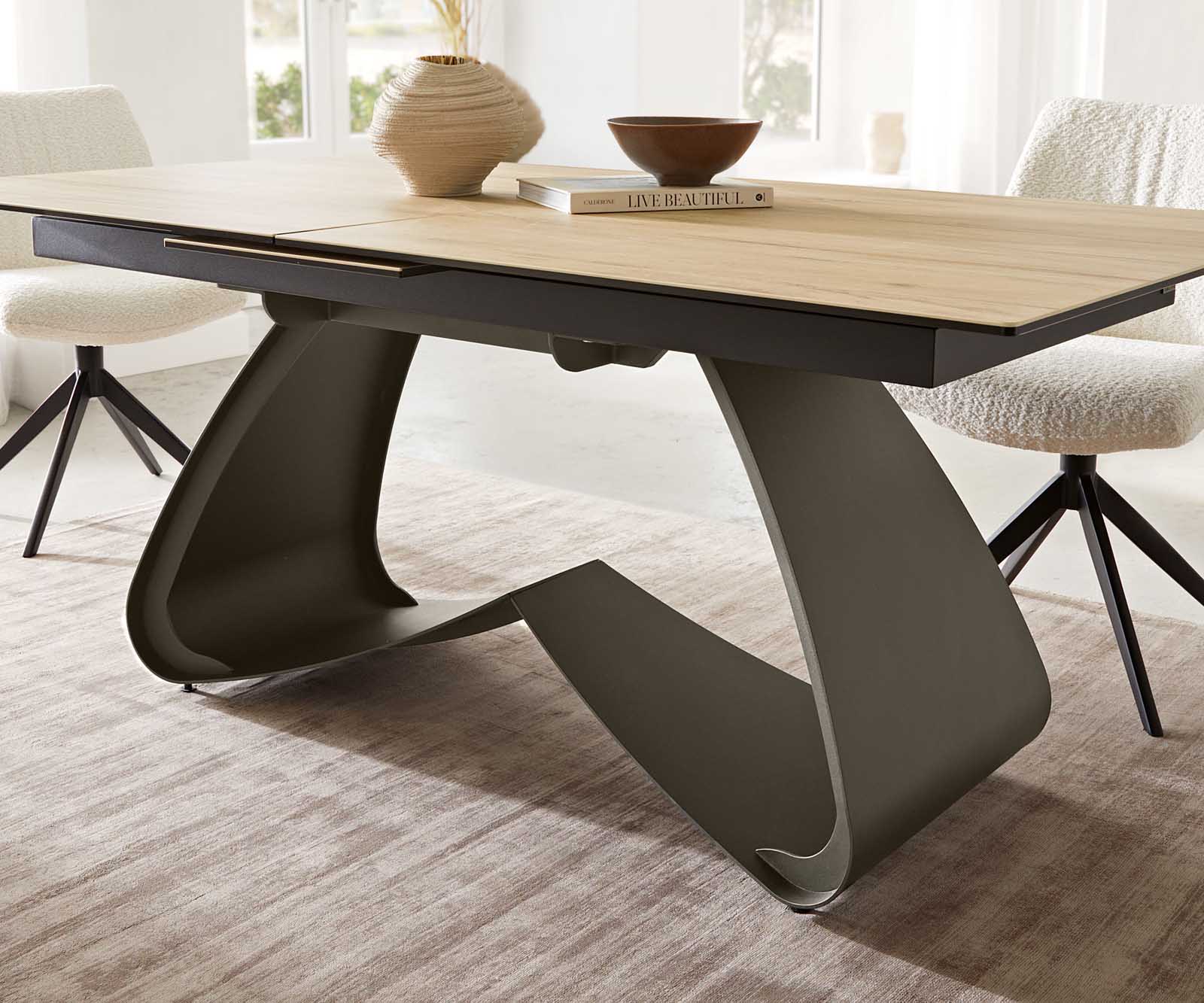 Eettafel Edge 180-220x100 keramiek Laminam® Sabbia Eikenkleur W-kaomeffect afwerking titanium Uitschuifbaar 6