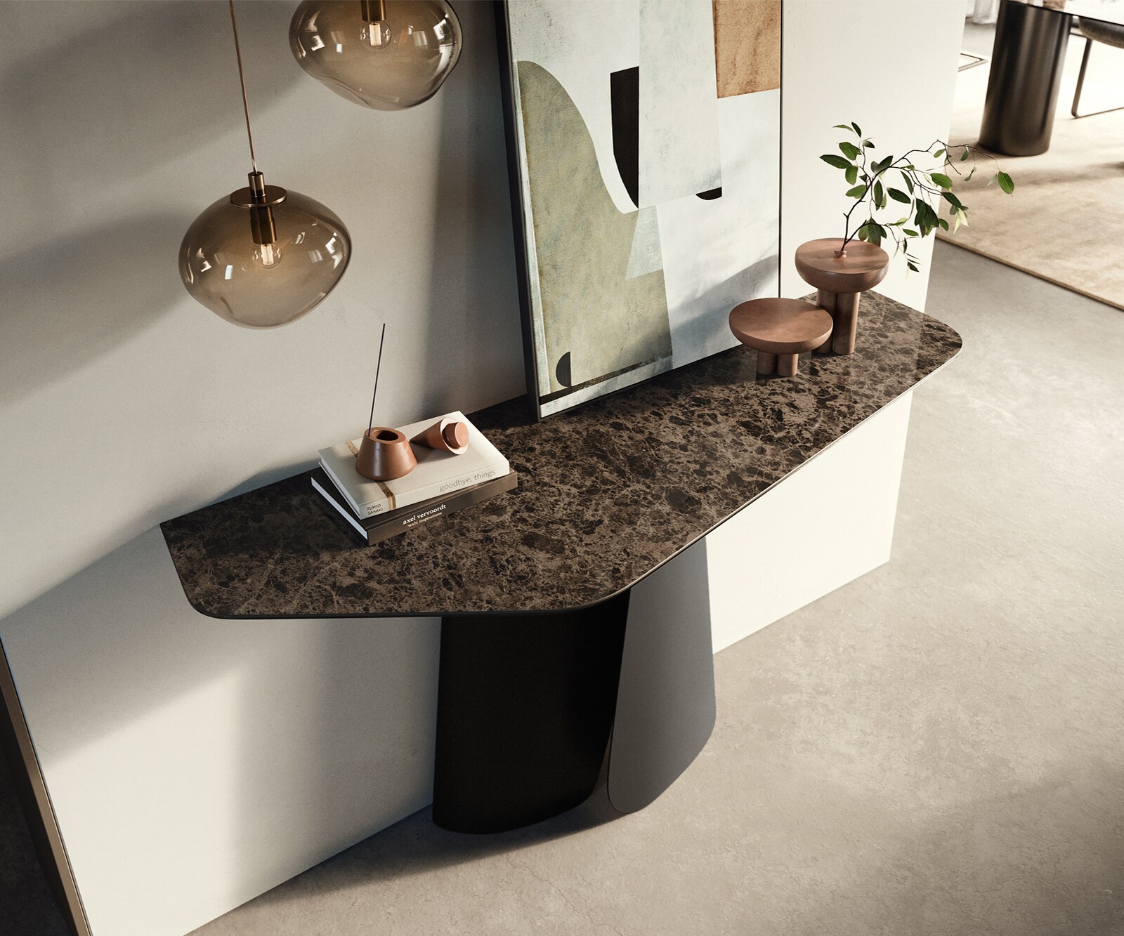 Consoletafel Edge Polygonaal 140x50 cm Keramiek Emperador Extra Lucidato Dunkelbraun Livos Metaal Zwart 1