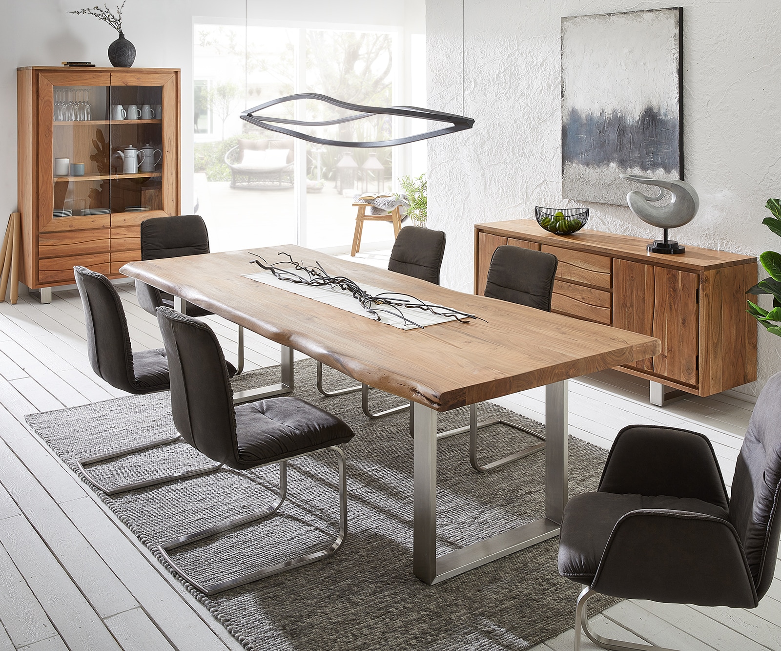 Vitrinekast Live-Edge 120x190 cm acacia natuur rechte rand 2 deuren 4 laden massief 9