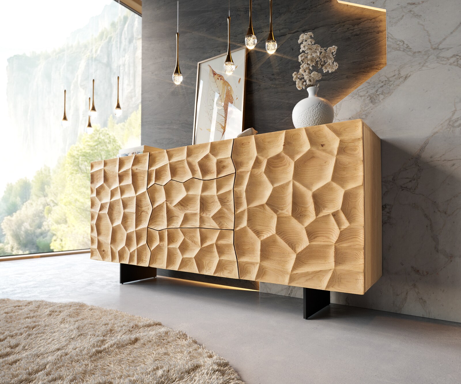 Dressoir Solu 175 cm natuur eiken 2 deuren 3 laden onderstel zwevend metaal zwart 3D-front