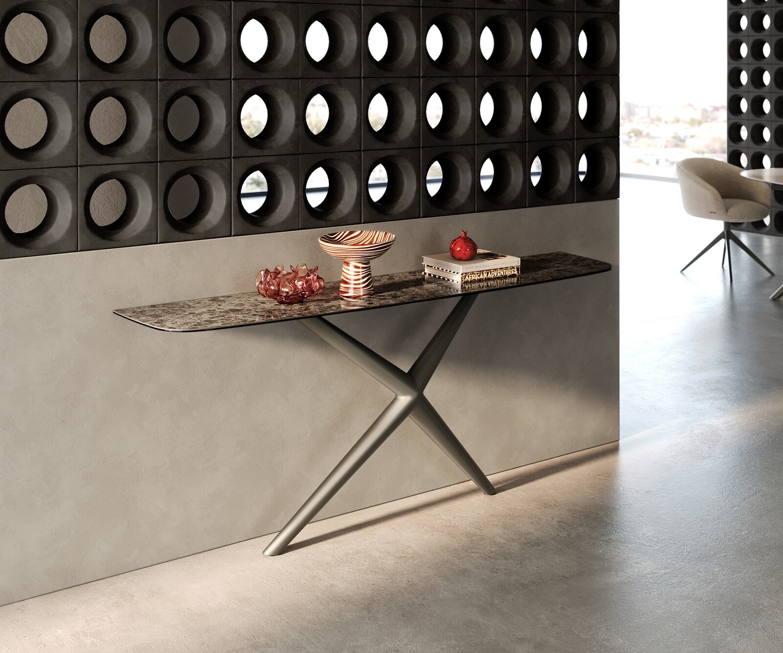 Consoletafel Edge Bootvorm 180x40 cm Keramiek Emperador Extra Lucidato Dunkelbraun Estelo Metaal Effektfinish Titan 4