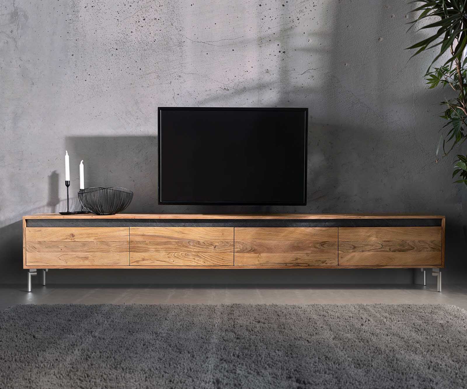 Lowboard Stonegrace 240 cm Acacia Natuur 4 Deuren Voet Ovaal Roestvrij Staal 1