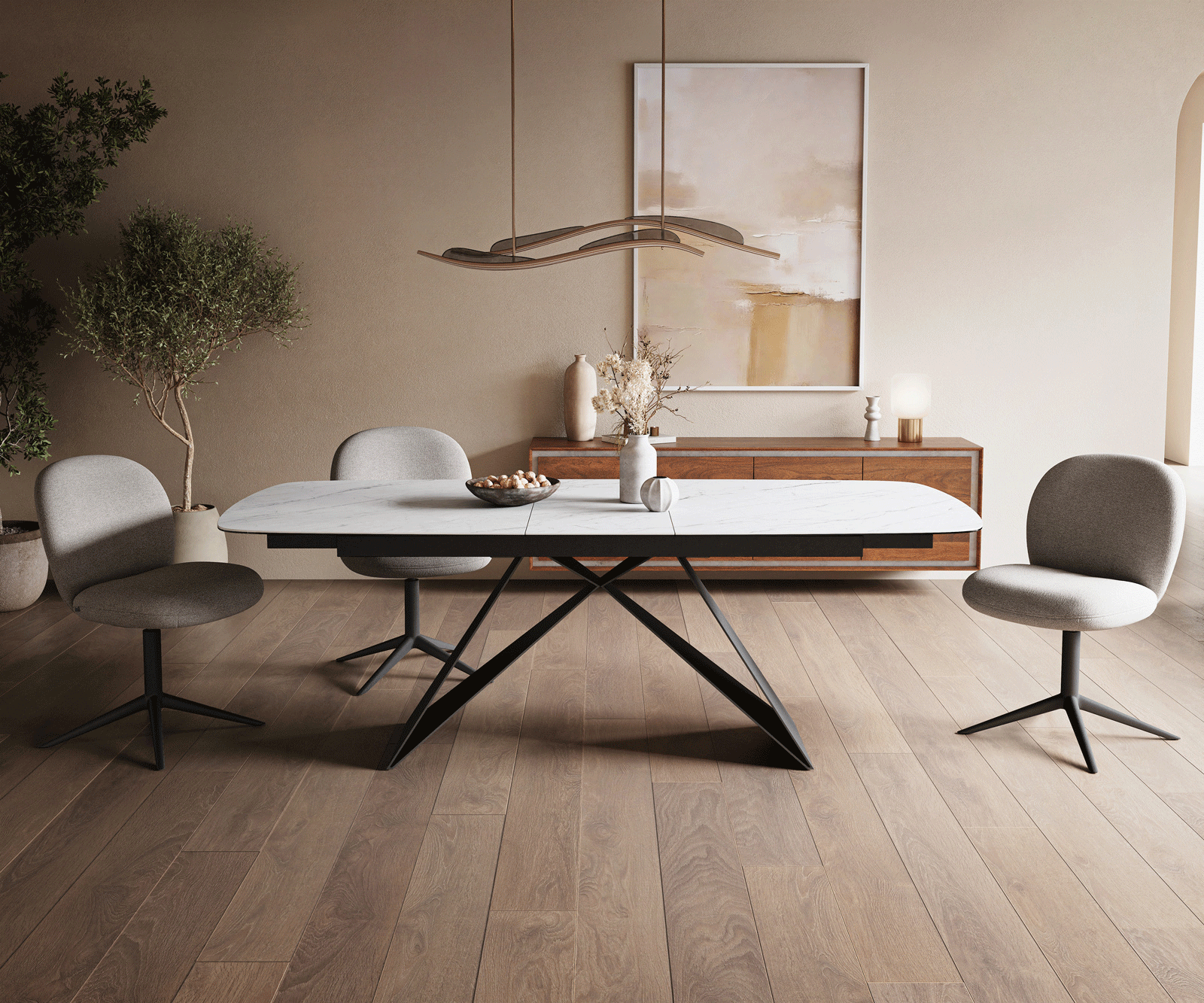 Eettafel Edge Boot 180-220x100 cm Keramiek Laminam® Statuarietto Wit V-onderstel Flachstahl Zwart uitschuifbaar 2