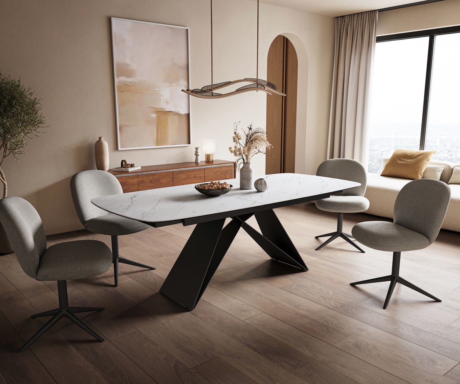 Eettafel Edge Boot 180-220x100 cm Keramiek Laminam® Statuarietto Wit V-onderstel Flachstahl Zwart uitschuifbaar 6