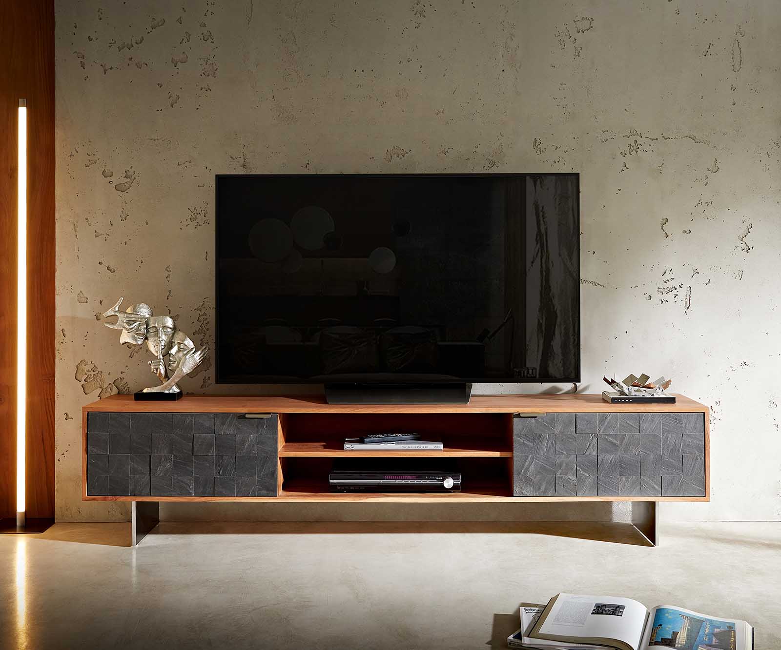 Tv-meubel Teele 200 cm acacia natuurleisteen 2 deuren poot zwevend roestvrij staal 1