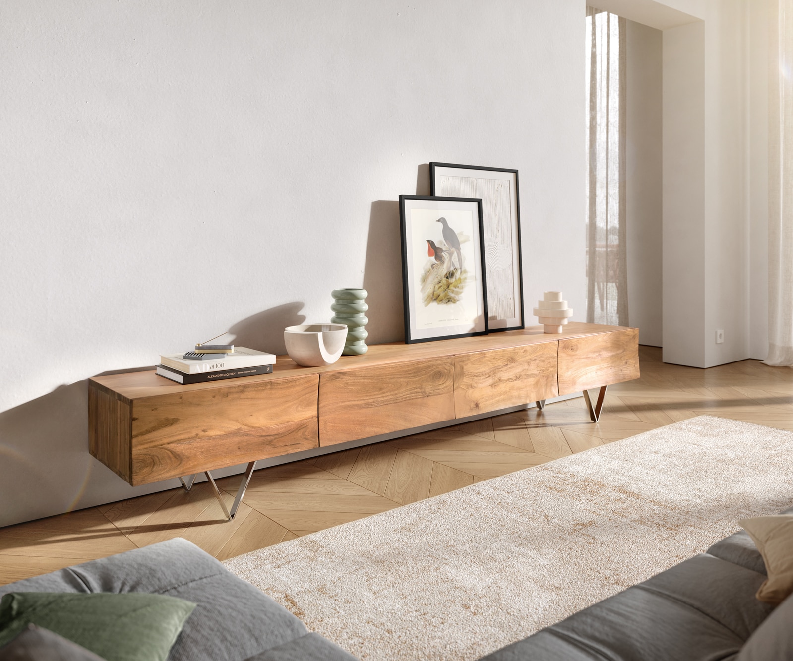 Tv-meubel Wyatt 220 cm acacia natuur 4 laden V-poot roestvrij staal Tv-meubel Wyatt 220 cm acacia natuur 4 laden V-poot roestvrij staal