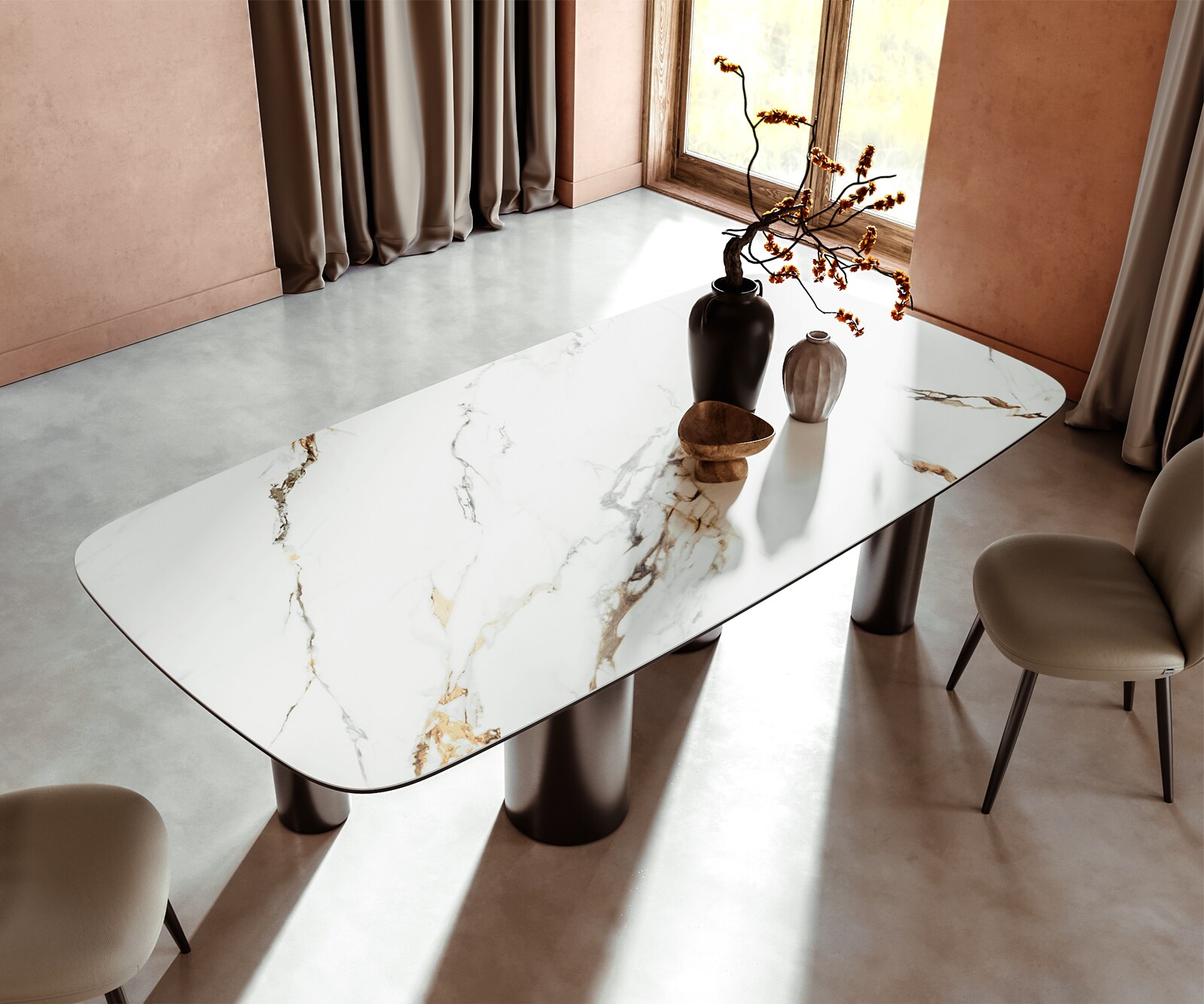 Eetkamertafel Edge Boot 240x120 keramiek Calacatta Luxe wit-Gold-grijs Pilier roestvrij staal grafiet 3