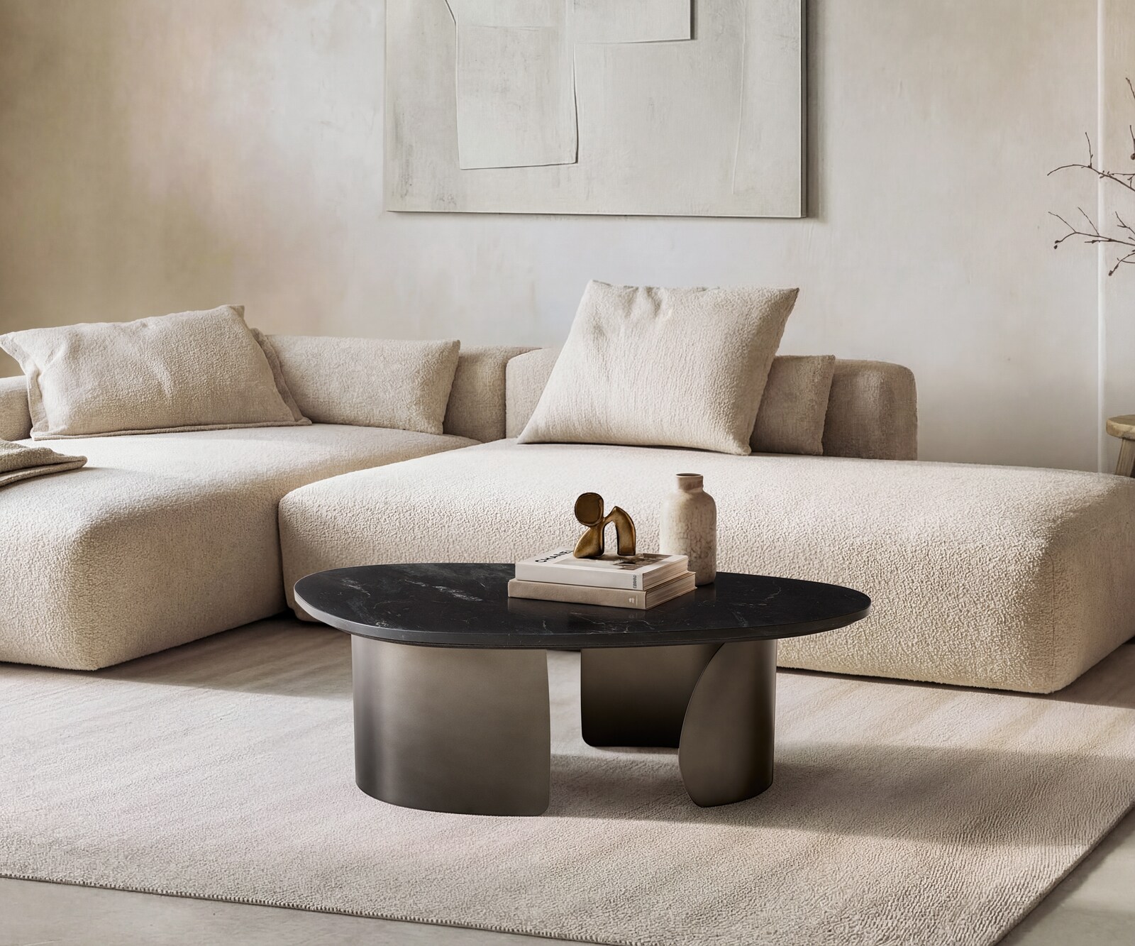 Salontafel Marvello 100x50 cm marmer zwart zilver metaal zwart antiek