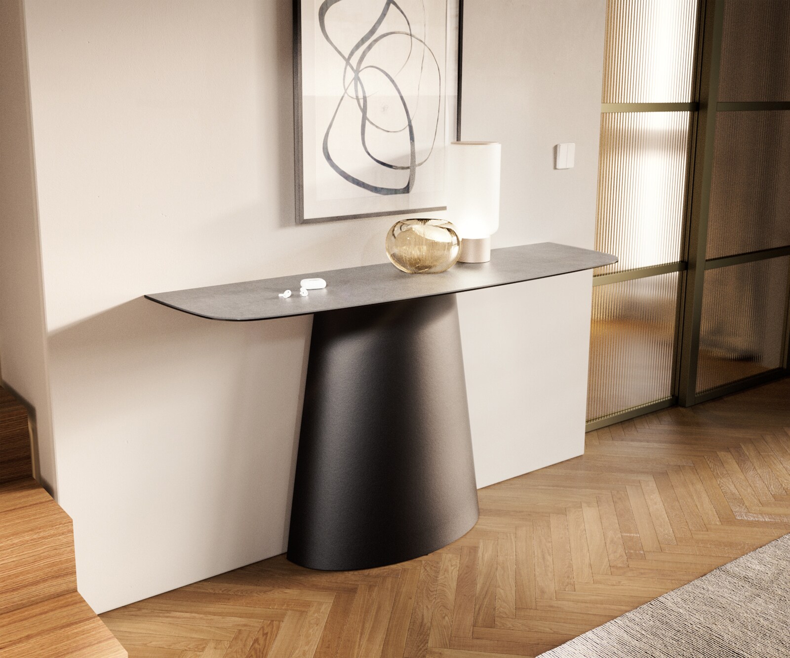 Consoletafel Edge Bootvorm 140x40 cm Keramiek Betongrijs Conos Metaal Zwart 1