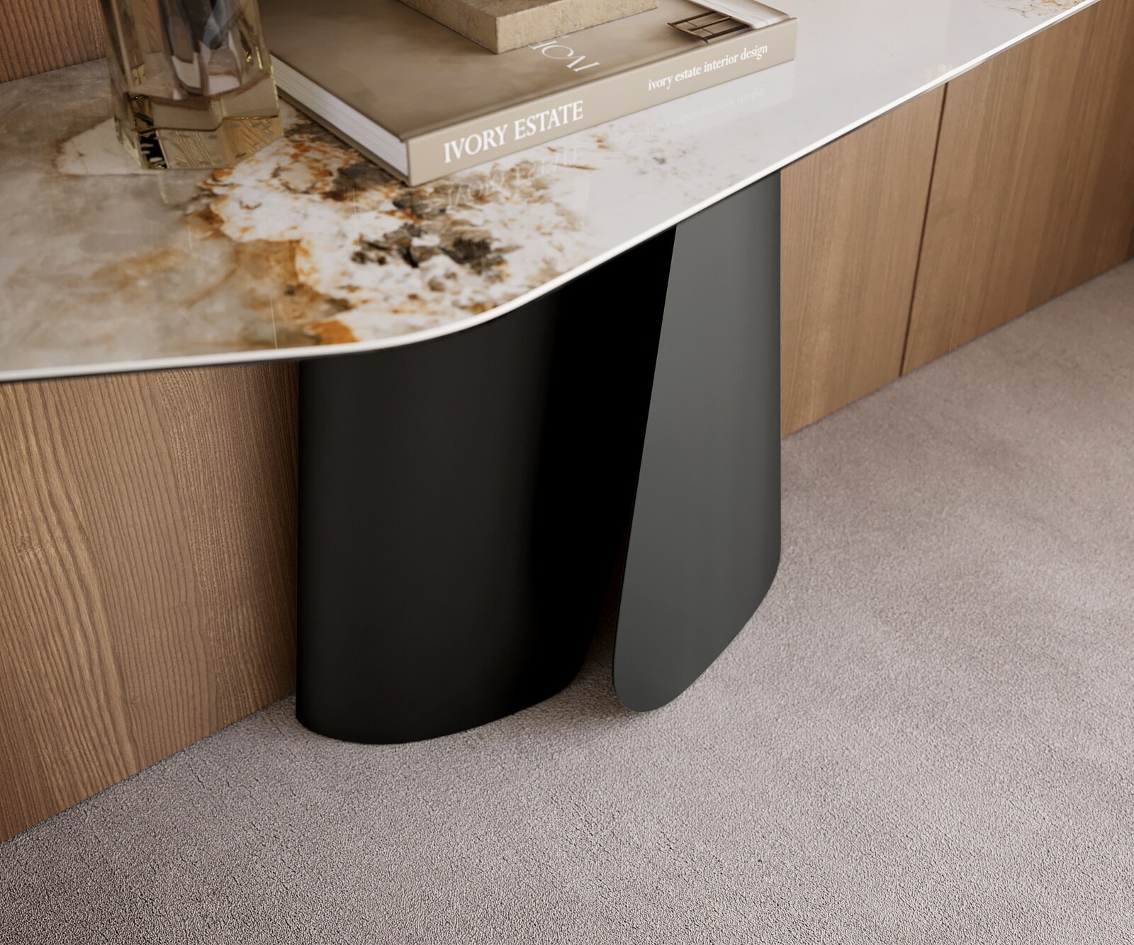 Consoletafel Edge Polygonaal 180x50 cm Keramiek Minas Melange Weiß-Beige Livos Metaal Zwart 6