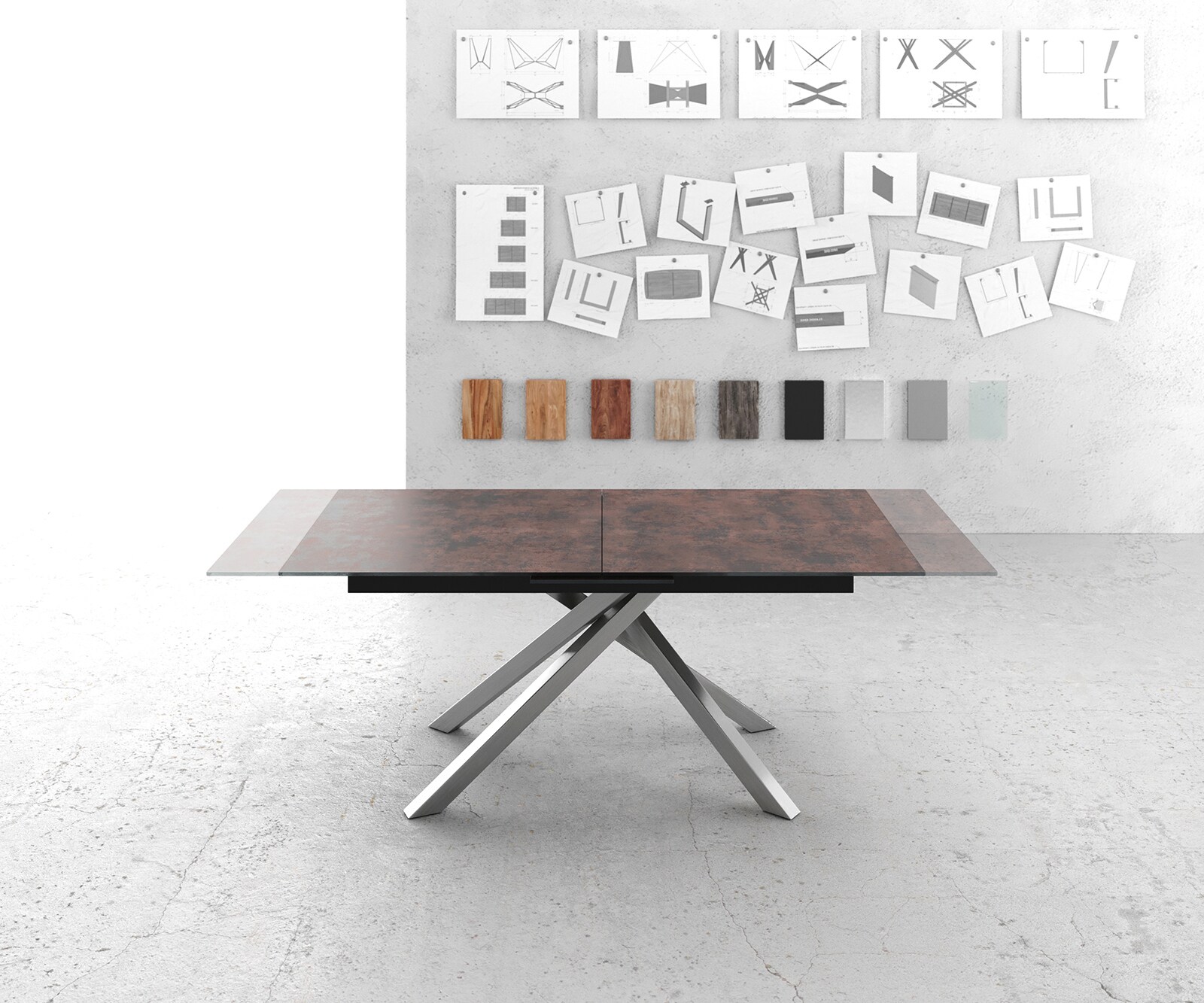 Eettafel Edge 180-220x90cm verre antiek-bruin middenpoot kruis zilver 6