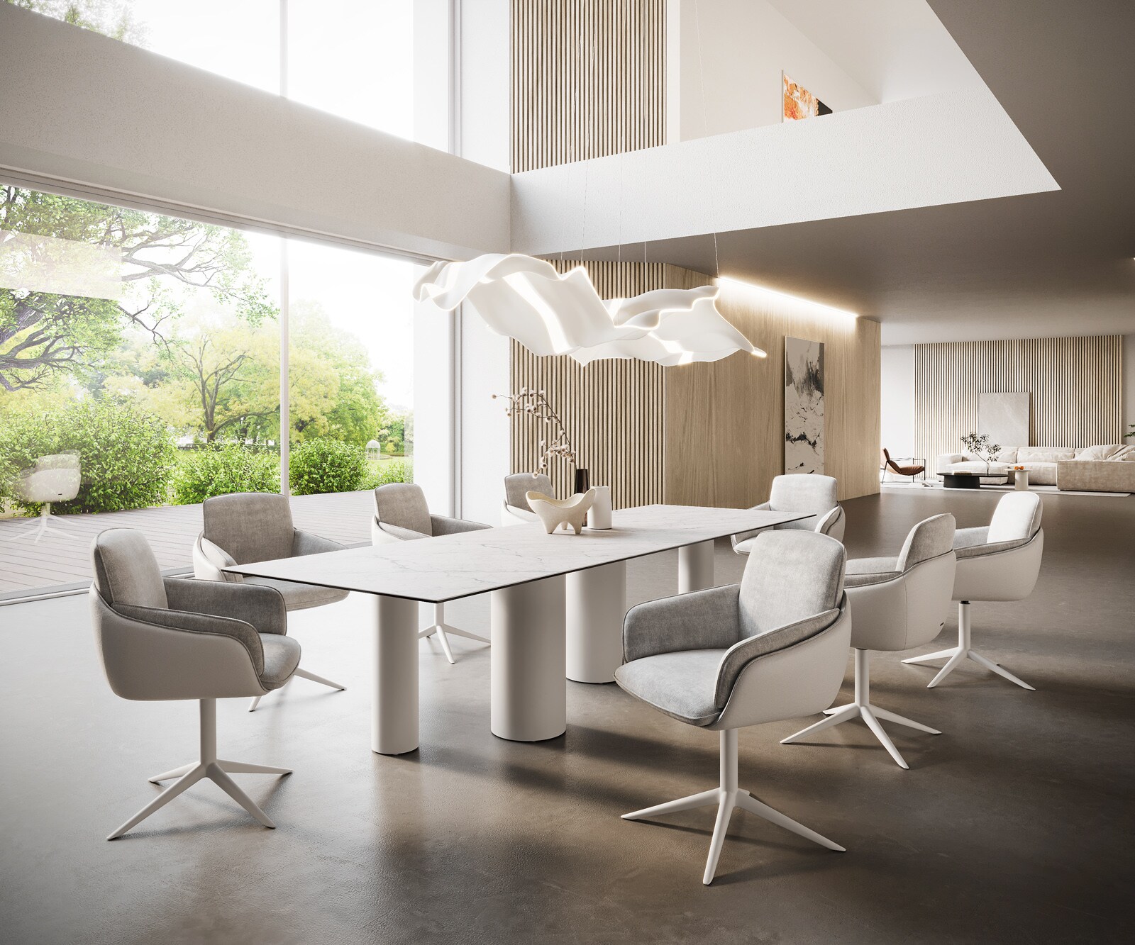 Eetkamertafel Edge 300x100 keramiek Laminam®Statuarietto wit Pilier metaal wit 6