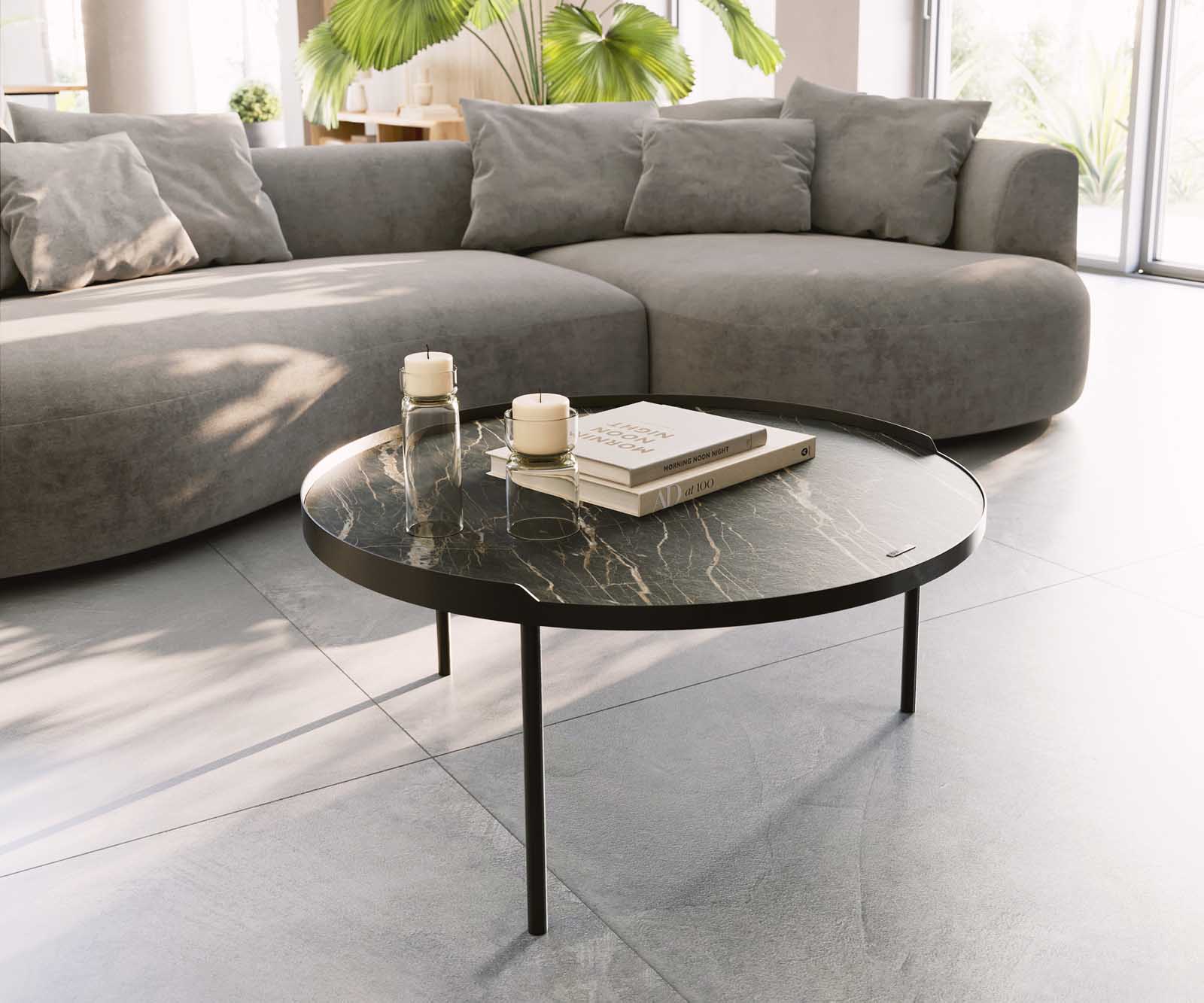Salontafel Torell 80x80 cm keramiek Laminam®Noir Desir Bruin Metalen onderstel Effectafwerking Titanium 1