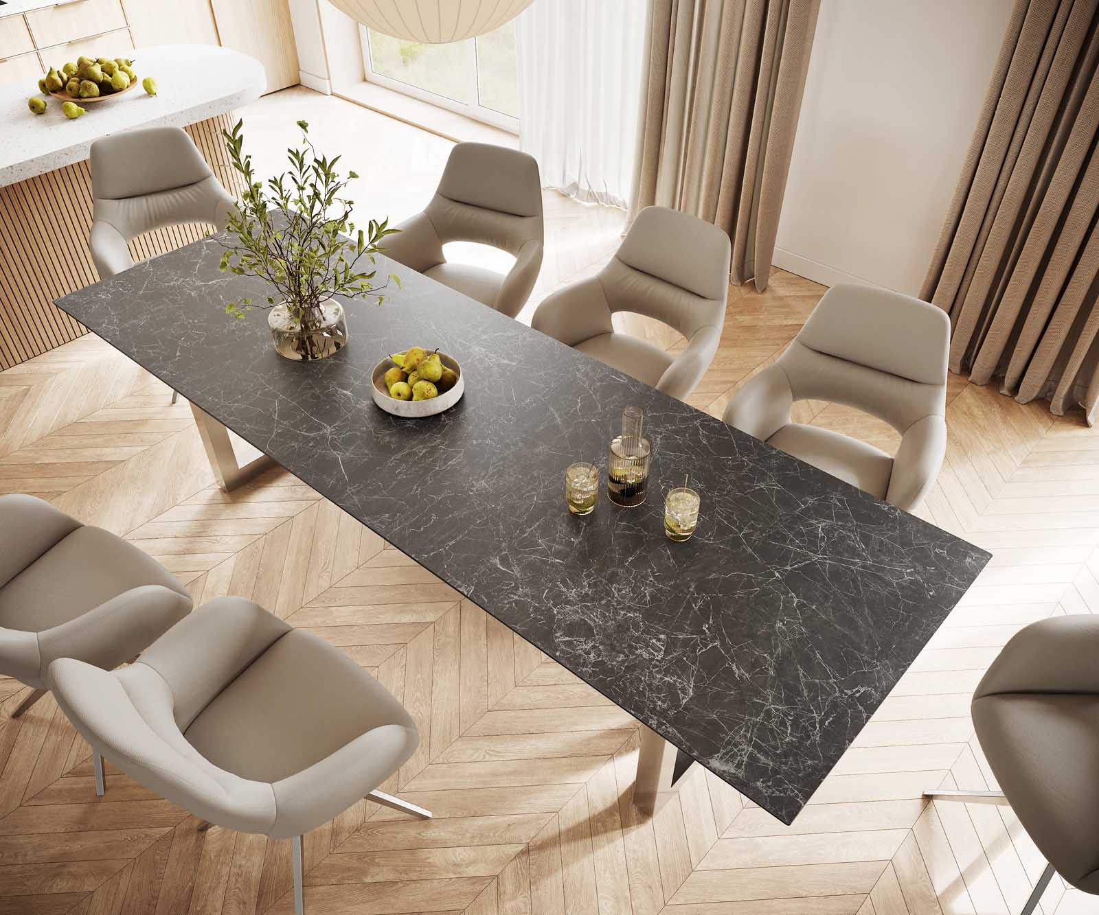 Eettafel Edge 300x100 keramiek Laminam® Nero Greco grijs roestvrij staal breed 3