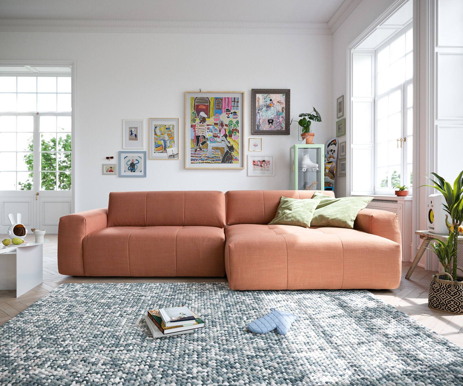 Hoekbank Lazaro 300x160 cm vlak geweven oranje ottoman rechts met zitdiepteverstelling 1