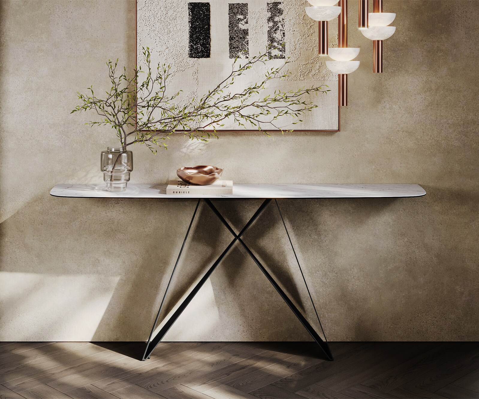 Consoletafel Edge Bootvorm 180x40 cm Keramiek Laminam® Statuarietto Weiß Velio Metaal Zwart 1