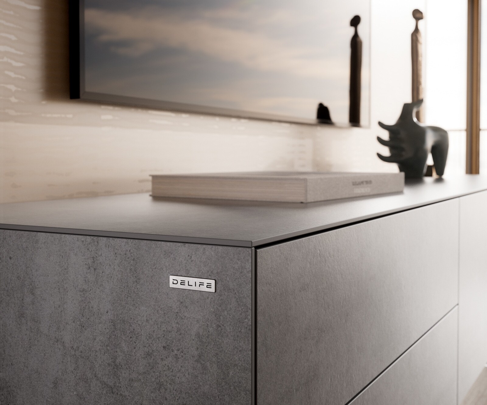 Tv-meubel Cuor 180 cm Keramiek Beton Grijs 1 Flap 2 Laden Zwevende voet look Metaal Zwart 5