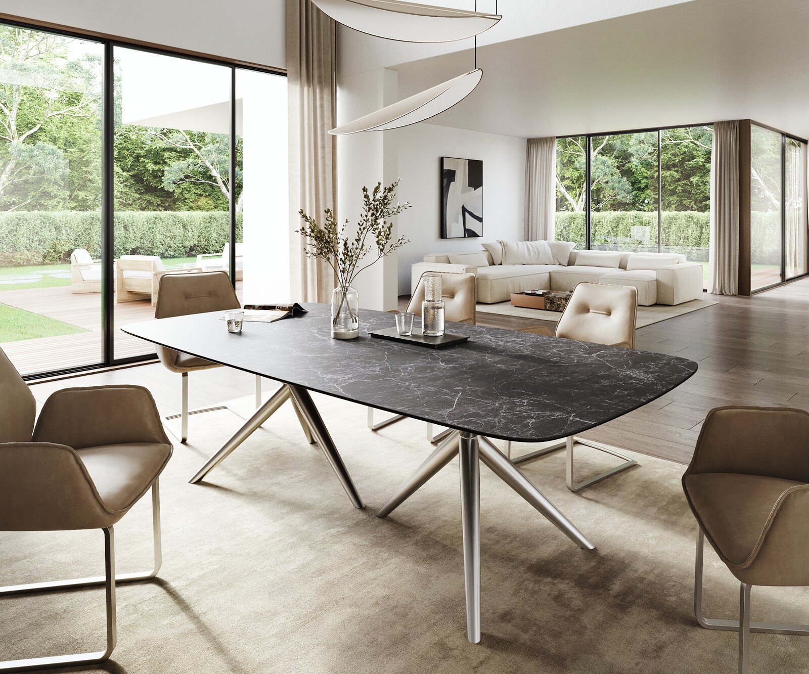 Eettafel Edge Boot 260x120 cm Keramiek Laminam® Nero Greco Anthrazit Estelar rond Roestvrij staal 1