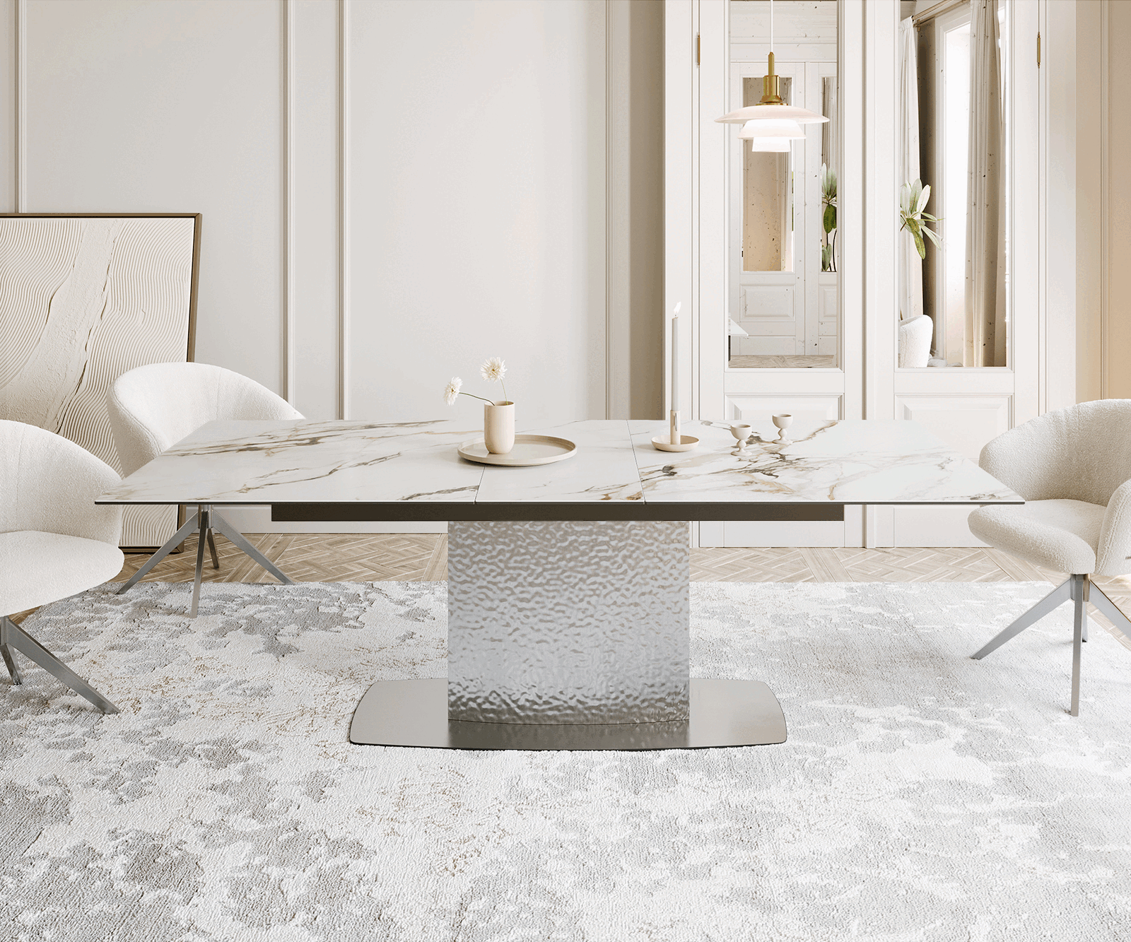 Eetkamertafel Edge 180-220x100 keramiek Calacatta Luxe wit-goud-grijs Wave RVS uitschuifbaar 1