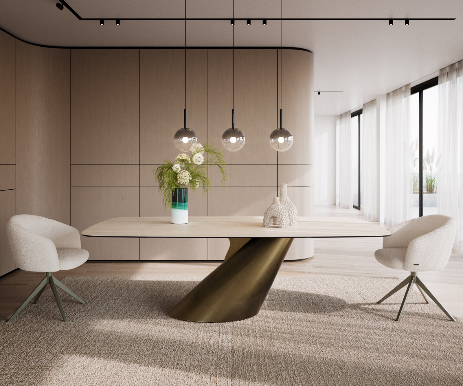 Eettafel Edge Boot 240x120 keramiek  Travertin natuur Cono metaal goud 2